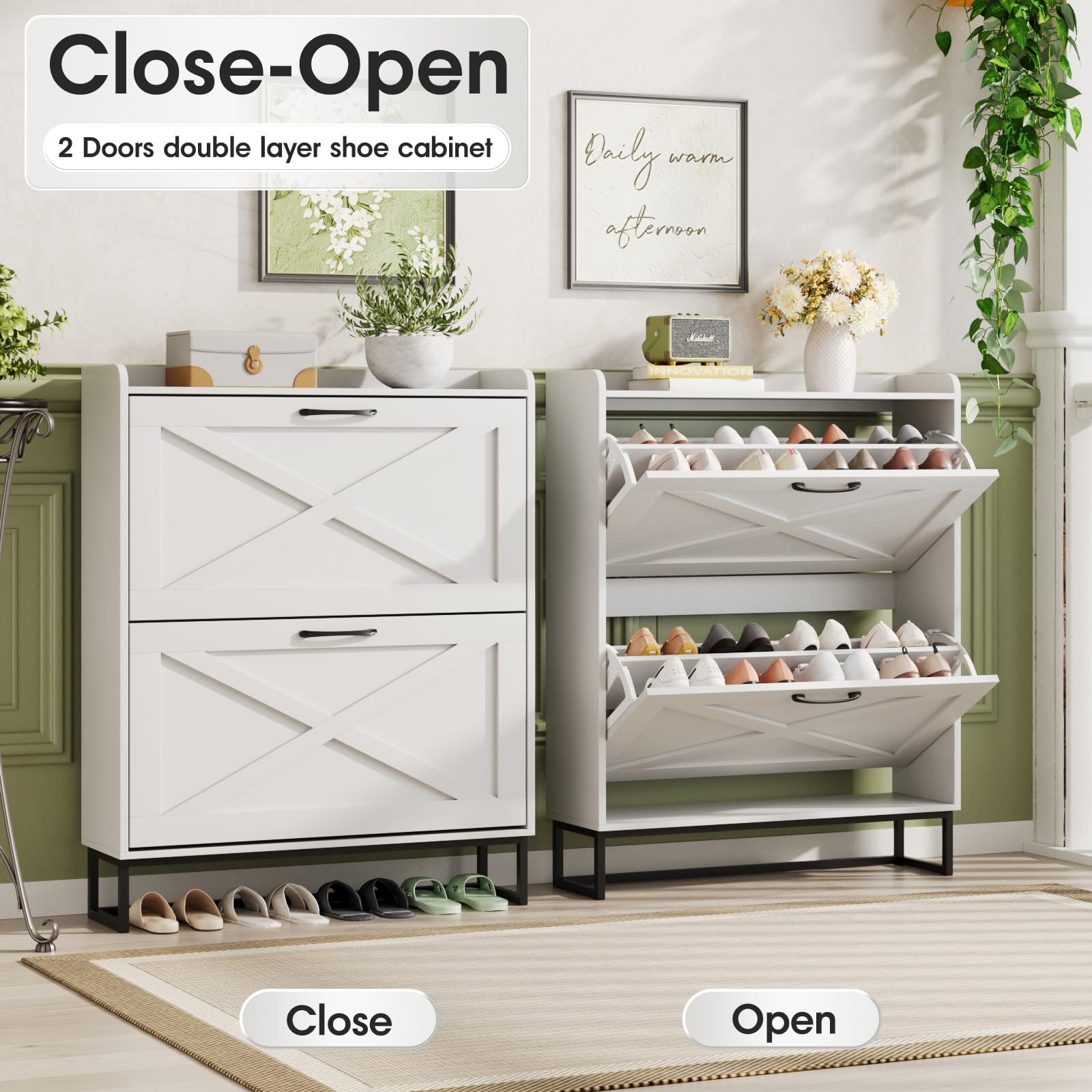 Maupvit 2-Tier Flip-Drawer Shoe Storage Cabinet with Metal Legs - Freestanding Entryway Shoe Organizer, Narrow Shoe Rack for Hallway, Living Room & Bedroom (White) - Perfect for Small Spaces & Apartment Entryways
