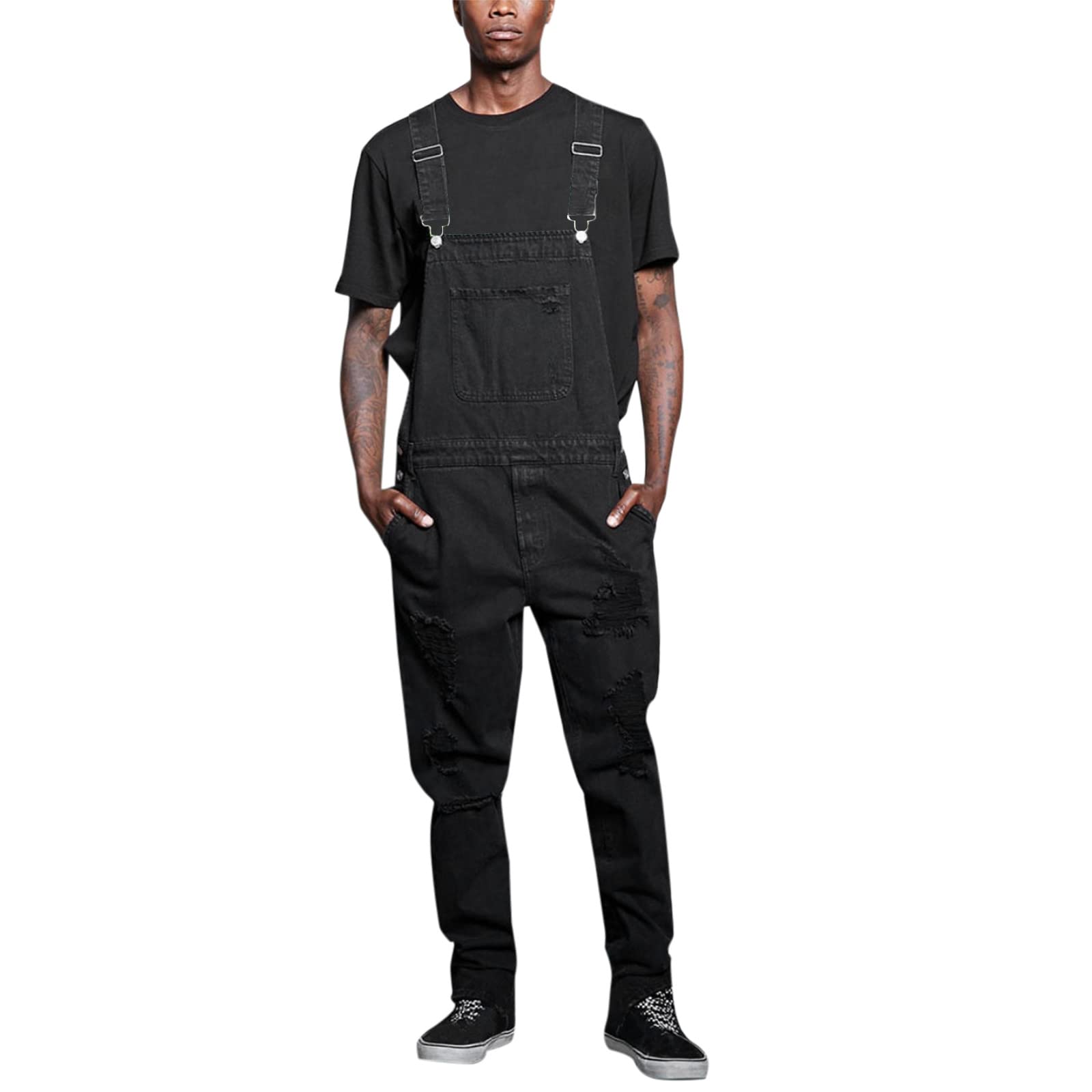 QWENTMTNTY Men's Casual Denim Overalls - Solid Color Pencil Pants with Pocket & Tie Detail | Perfect for Work, Outdoor Activities & Everyday Wear
