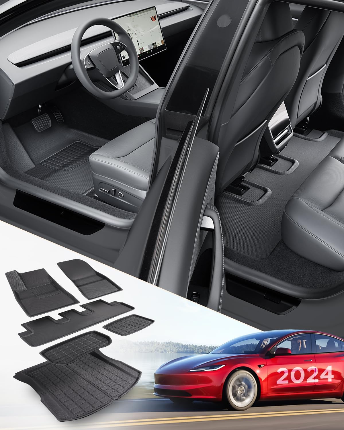 TAPTES 2025 Tesla Model 3 All-Weather Floor Mats Full Set - 6-Piece Front & Rear Liners + Trunk Mat | Durable Rubber Carpet Covers for Model 3 Highland 2024-2025 | Perfect for Winter, Rain & Mud Protection