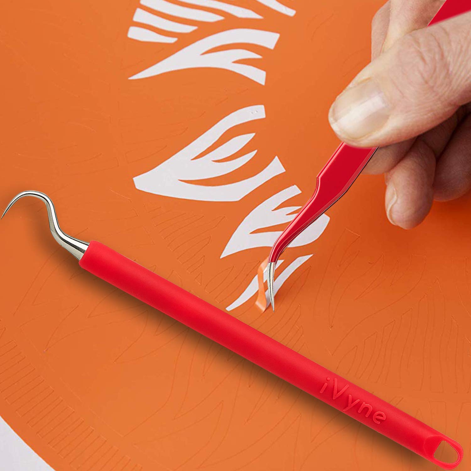 iVyne 2-Piece Silicone Weeding Tool Set for Cricut & Silhouette Cameo - Vinyl Weeder & Craft Tweezers for HTV, Adhesive Vinyl - Perfect for DIY Crafts, Scrapbooking & Decal Making - Red