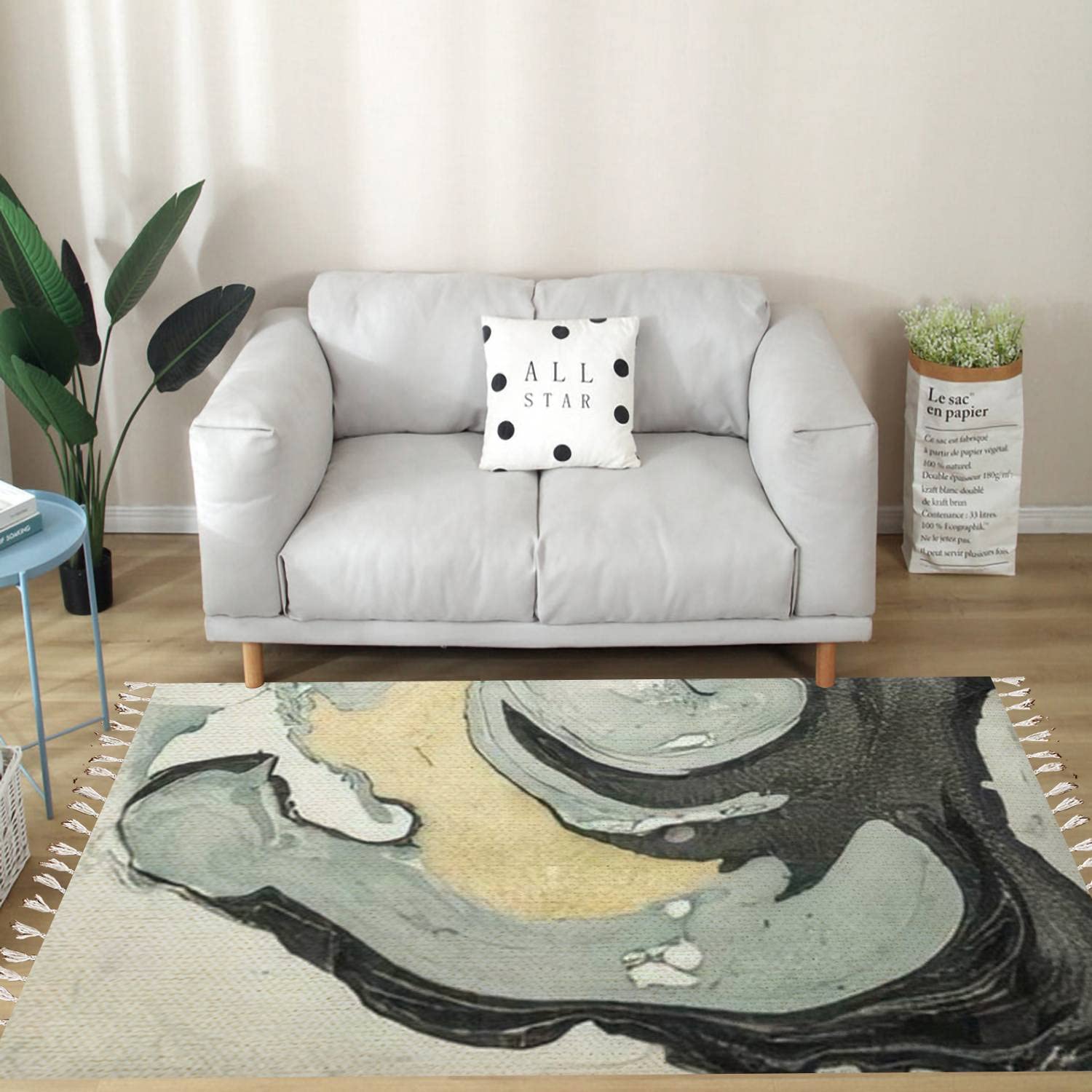 Vintage Cotton Linen Tassel Rug with Japanese Suminagashi Marbling Design - Washable Boho Area Rug for Kitchen, Bathroom, Outdoor Decor | Perfect for Bohemian Home, Patio & Entryway Flooring