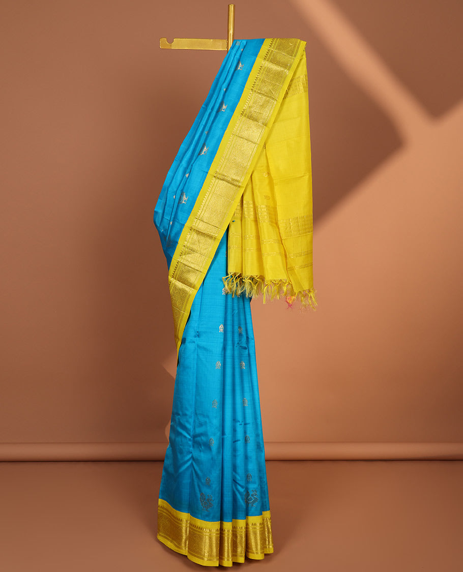 Blue Buttas Kanchipuram Silk Saree with Contrast Korvai Border, Salangai, Banaras & Jaal Zari Design Pallu - Perfect for Weddings, Festivals & Special Occasions