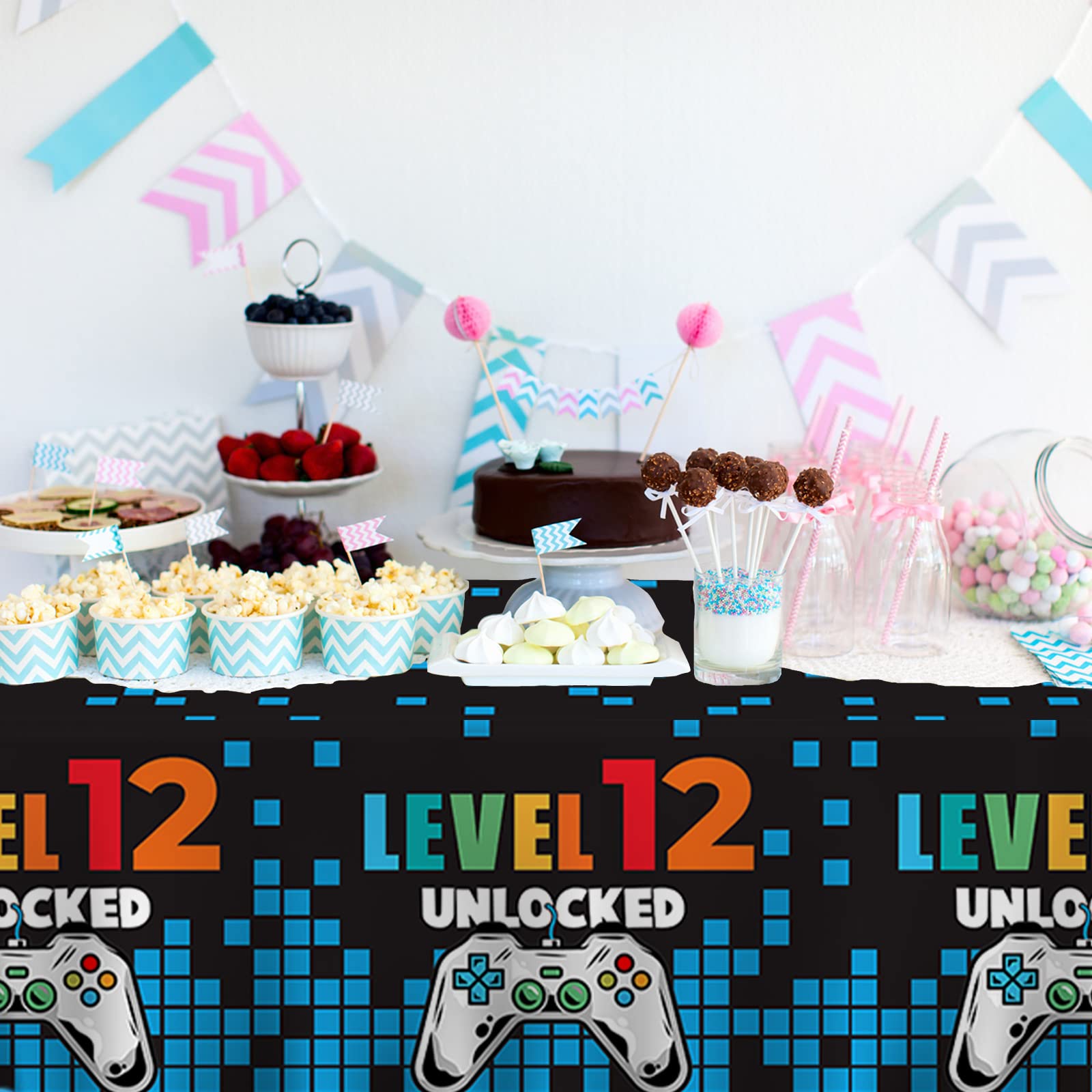 12th Happy Birthday Party Supplies - Video Game Themed Plastic Tablecloth for Kids & Teens - Perfect for Birthday Decorations, Picnics, and Camping