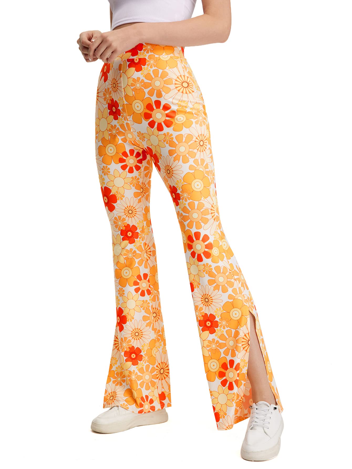 WDIRARA Women's High Waisted Bootcut Yoga Pants - Flared Leg with Sunflower Print & Side Slit for Workout, Lounge & Casual Wear