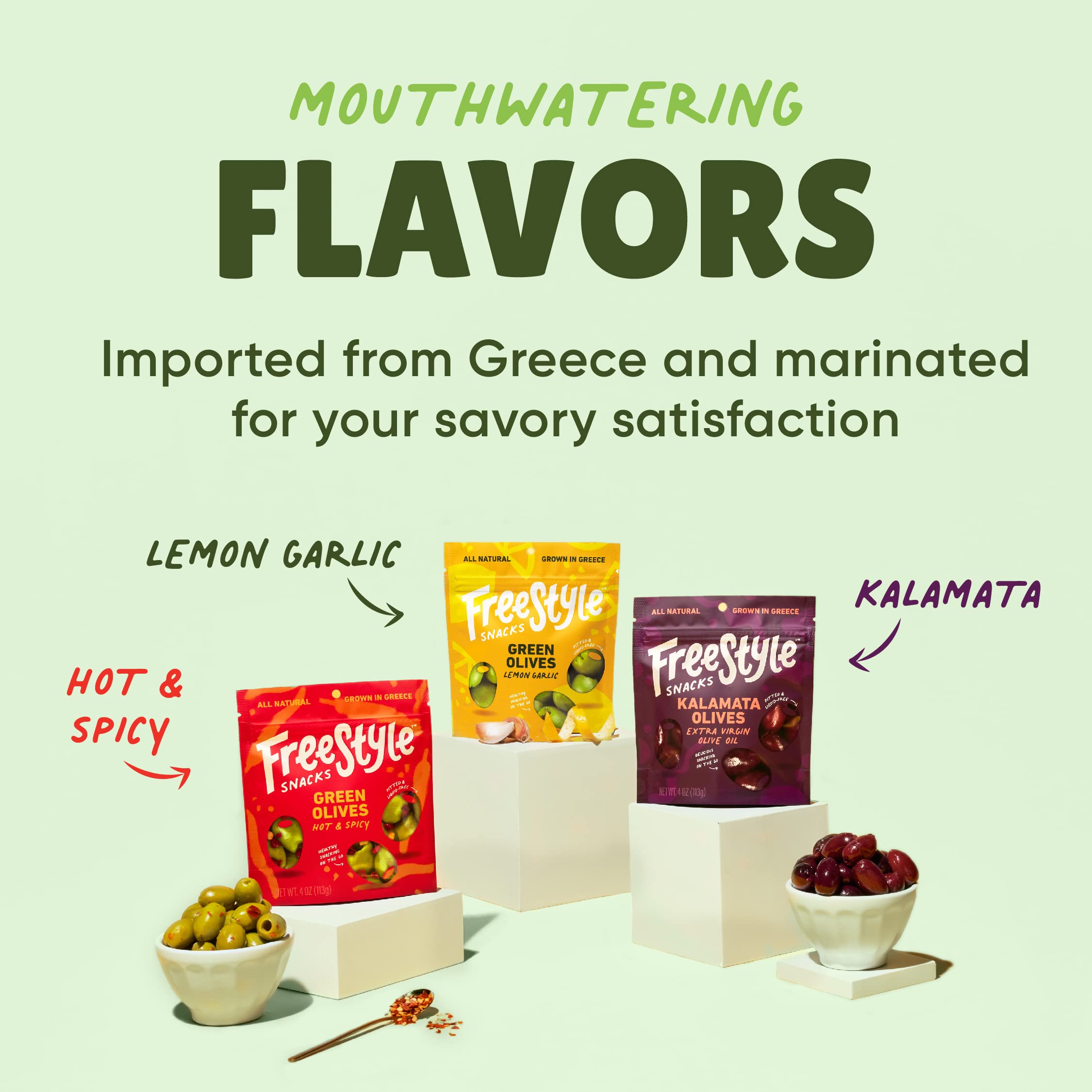 Freestyle Snacks Olive Snack Packs - Premium Pitted Kalamata & Green Olives from Greece, Jumbo-Sized, All Natural, Non-GMO, Paleo & Keto Friendly, Sugar-Free Healthy Snack - Variety Pack, 4oz (3 Pack) - Perfect for Lunch Boxes, Office Snacks & Party Platters