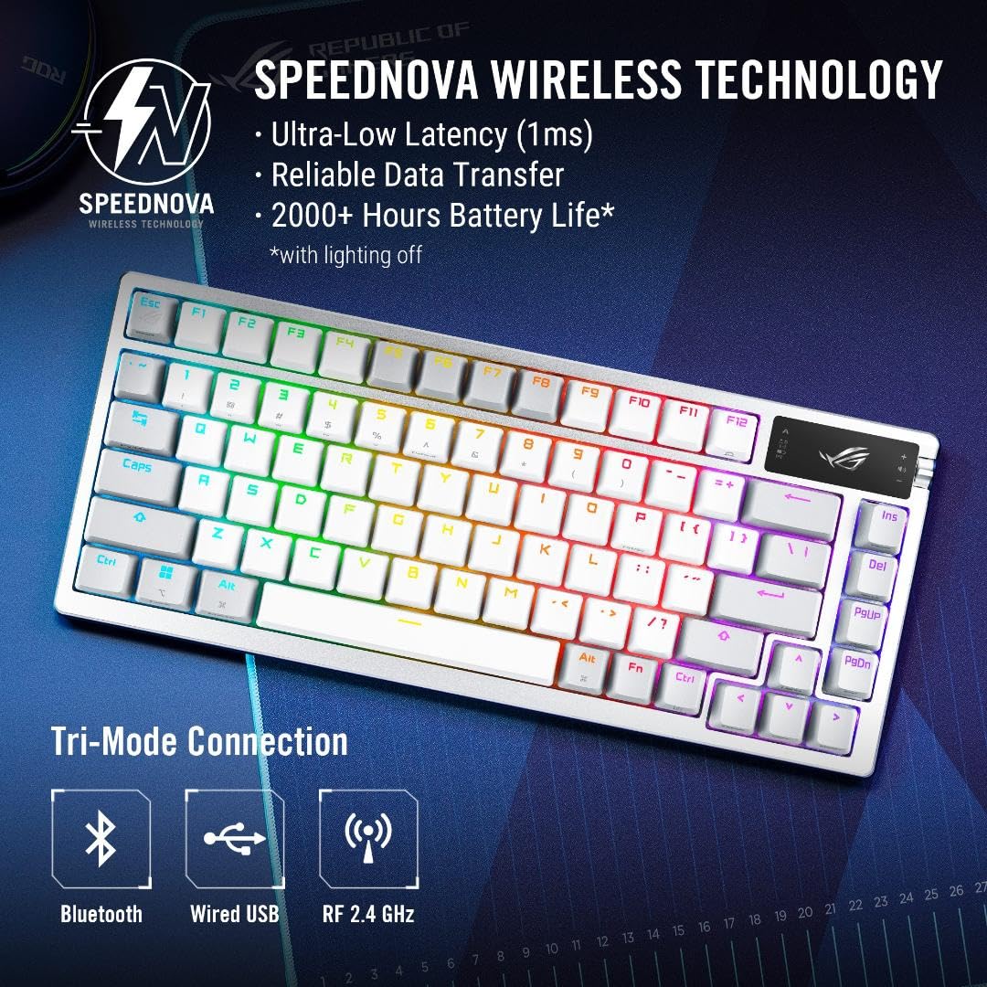 ASUS ROG Azoth 75 Wireless Custom Mechanical Gaming Keyboard - OLED Display, Hot-Swappable ROG NX Brown Switches, Gasket Mount, 3-Layer Dampening, PBT Keycaps, RGB Backlit (White) | Perfect for Esports, Streaming & Professional Gaming Setup