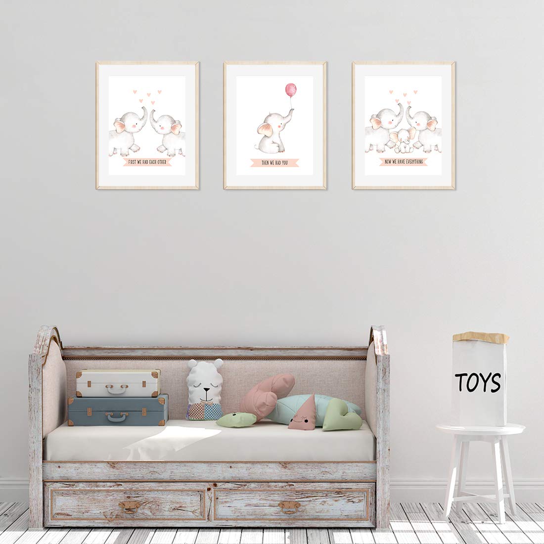 Kids Room Wall Art Decor - 3-Pack Unframed Nursery Posters (8.5x11 Inch) with Girl Elephant Graphic & Inspirational Quote 'First We Had Each Other Then You Now We Have Everything' - Perfect for Baby Shower Gifts, Children's Bedroom Decor & Playroom Wall Decor