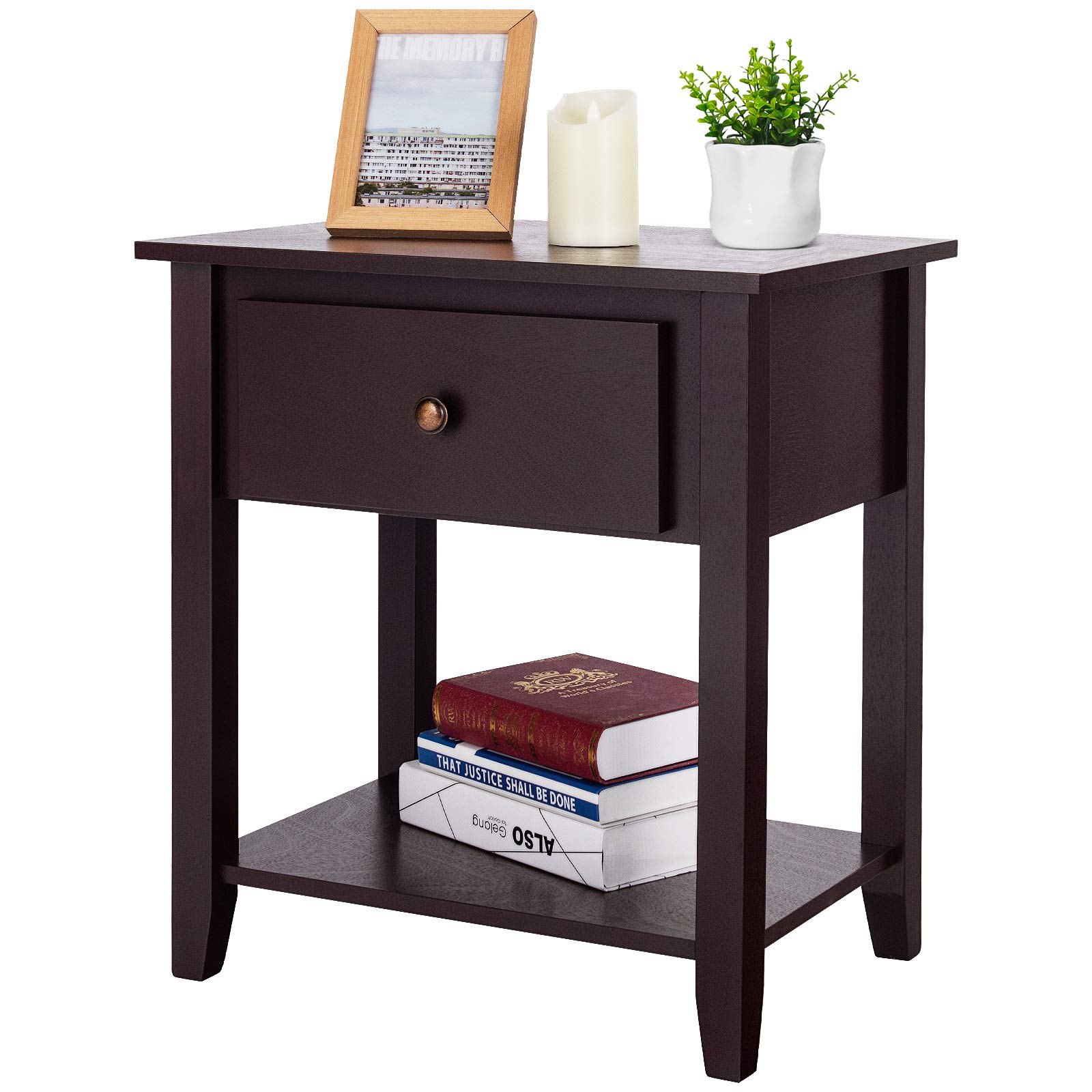 Modern Nightstand with Drawers & Shelf - Solid Pine Wood Bedside Table for Bedroom & Living Room - Espresso Finish
