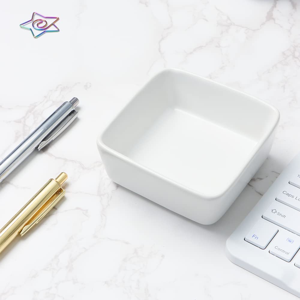 **Cute White Ceramic Paper Clip Holder - 3.5 Inch Square Desk Organizer for Binder Clips & Paperclips - Candy Color Office Supplies for Home & Office Use**