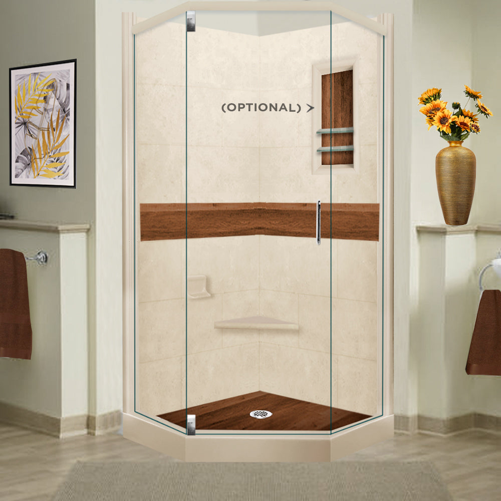 Neo Angle Desert Sand Sistine Stone & Burnt Oak Wood Shower Remodel Kit - DIY Waterproof Bathroom Upgrade for Modern Home Renovation | Perfect for Small Bathroom Makeovers and Spa-Like Shower Experiences