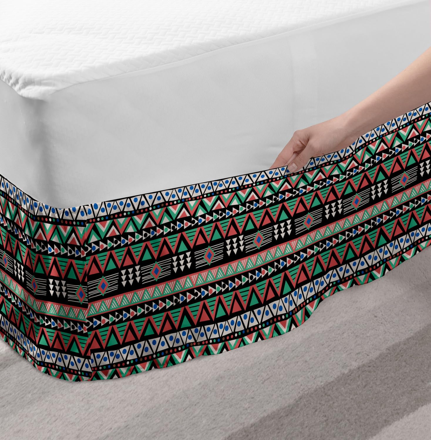 Ambesonne Aztec Elastic Bed Skirt - Geometric Triangle Pattern in Neutral Tones, Wrap Around Fabric Dust Ruffle for King Size Beds | Perfect for Modern Bedroom Decor & Guest Room Styling