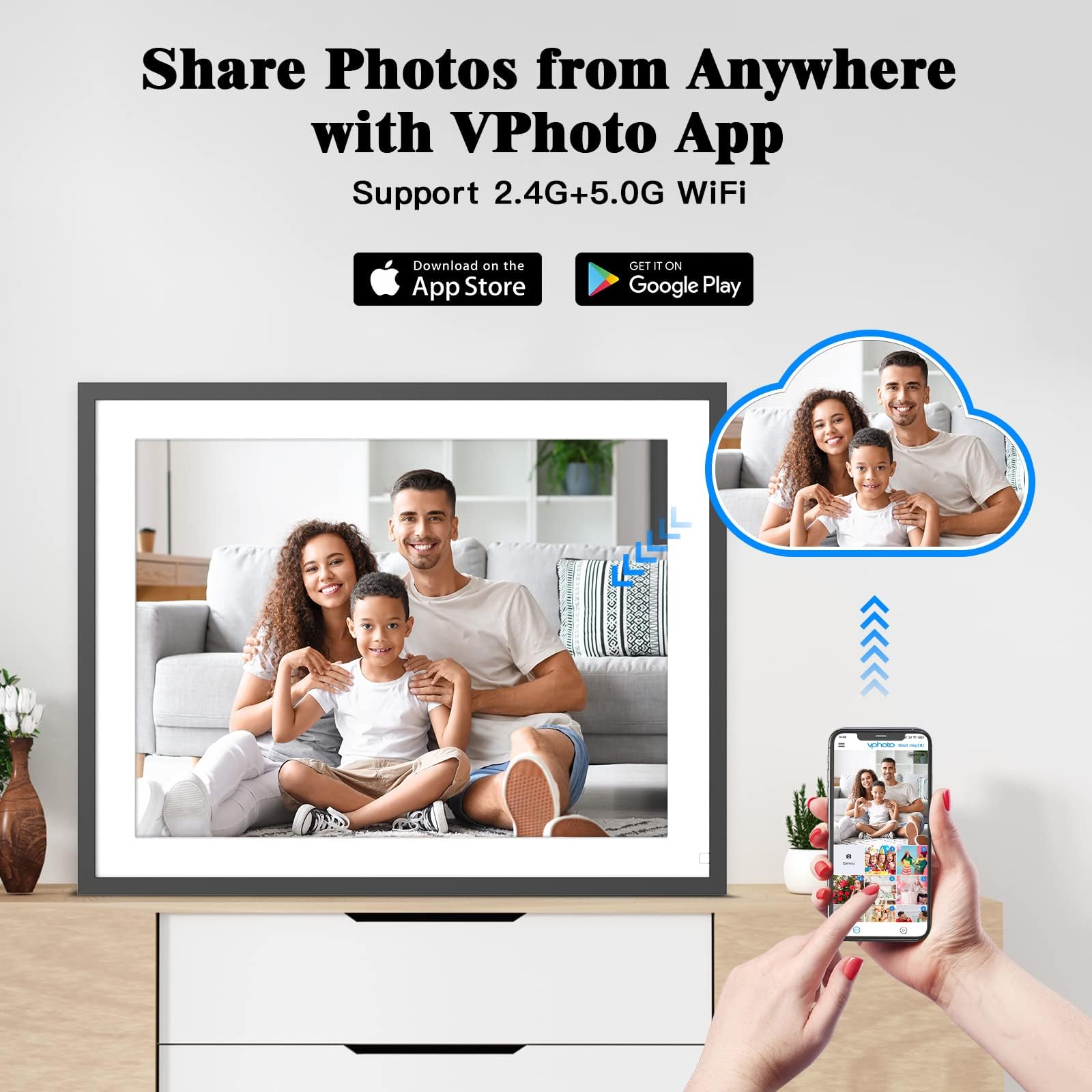 17-inch 32GB Smart Digital Photo Frame with IPS Touch Display - Dual WiFi, Auto-Rotate, Easy Photo Sharing via App & Email - Perfect Gift for Mom, Family & Home Decor (Black) - Display Memories in Living Room, Bedroom or Office