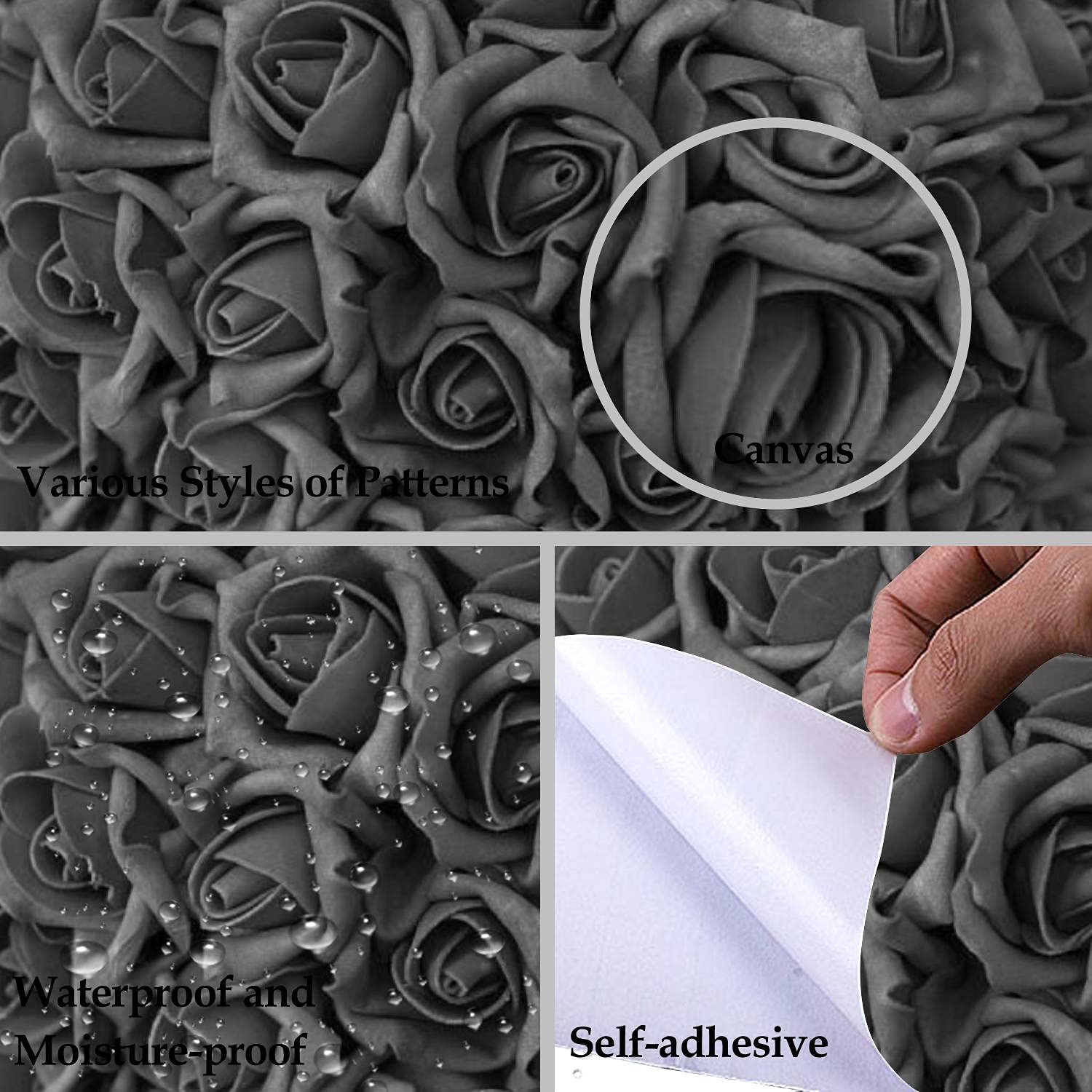 Removable Peel and Stick Wallpaper - Black & White Rose Pattern Self-Adhesive Wall Decor for Bedroom, Kitchen, Bathroom - Easy to Apply & Remove - 66x96 Inches - Perfect for Home Renovation, Accent Walls & DIY Projects
