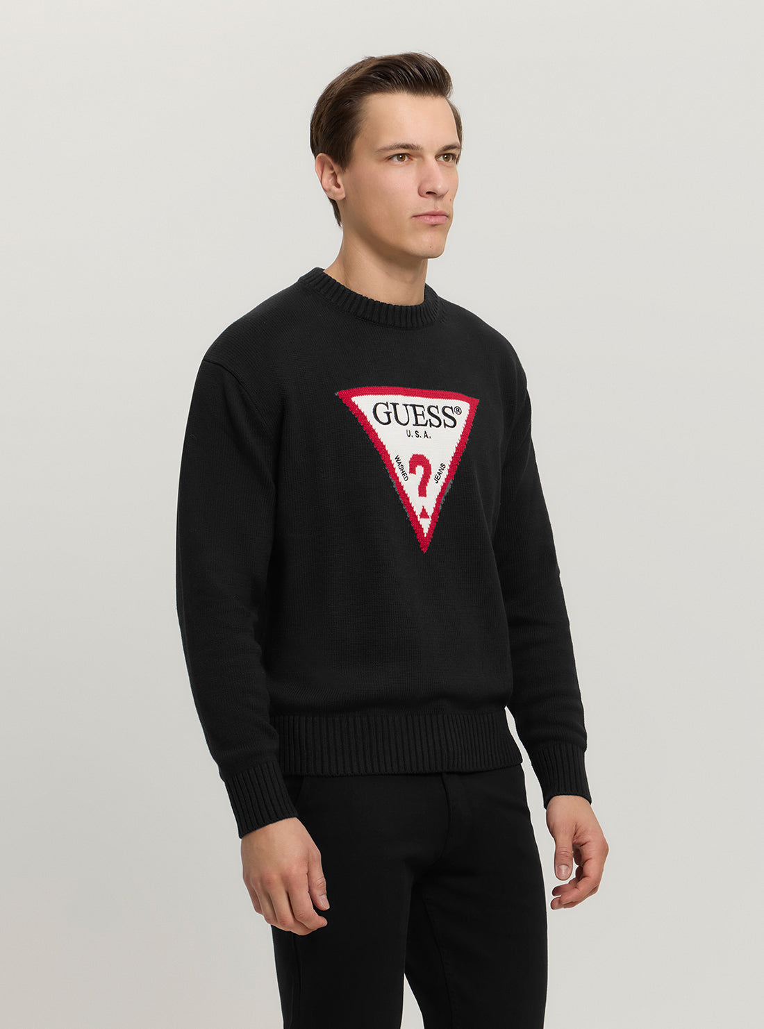 Guess Women's Black Triangle Knit Sweater - Soft Crewneck Pullover for Casual Wear & Fall Fashion