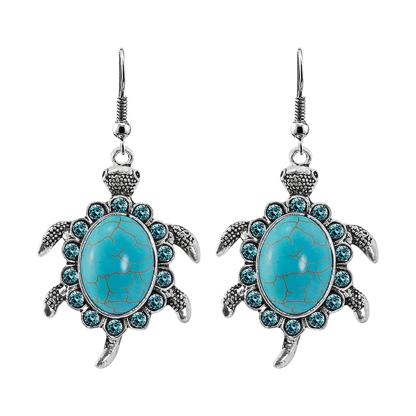 Turquoise Turtle Dangle Earrings for Women & Girls - Minimalist Stud Piercing Jewelry, Trendy Alloy Hoop Earrings with Pearl Accents (Silver, One Size) - Perfect for Casual Wear, Parties & Gifts