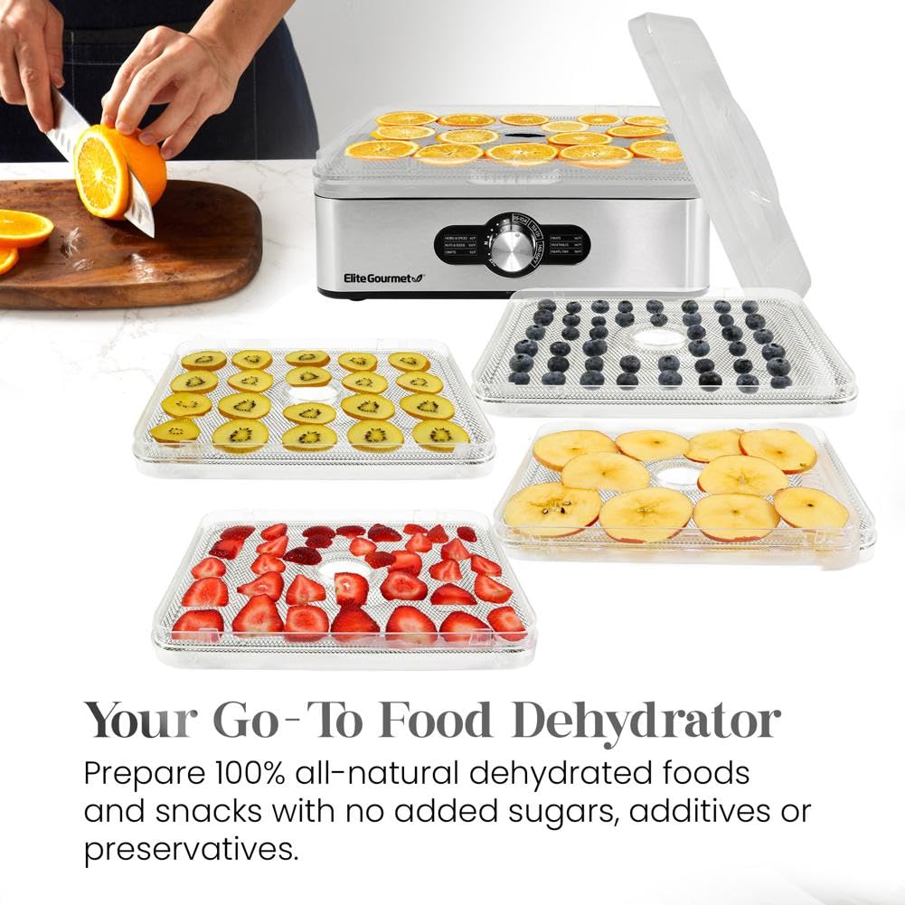 Elite Gourmet EFD3321 Stainless Steel Food Dehydrator with Adjustable Temperature - Perfect for Making Jerky, Drying Herbs, Fruits, Vegetables & Healthy Snacks - Ideal for Home Kitchen, Camping & Meal Prep