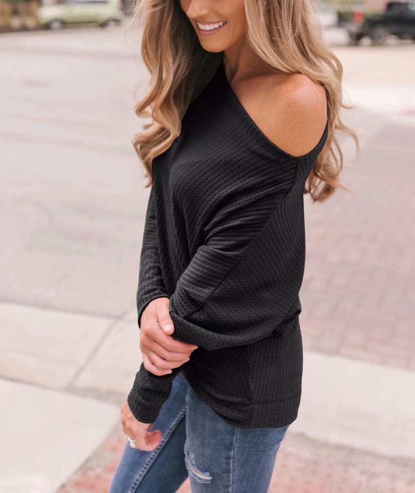 Lacozy Women's Off The Shoulder Waffle Knit Oversized Sweatshirt - Long Sleeve Tunic Pullover Sweater for Casual Wear, Date Night & Fall Layering
