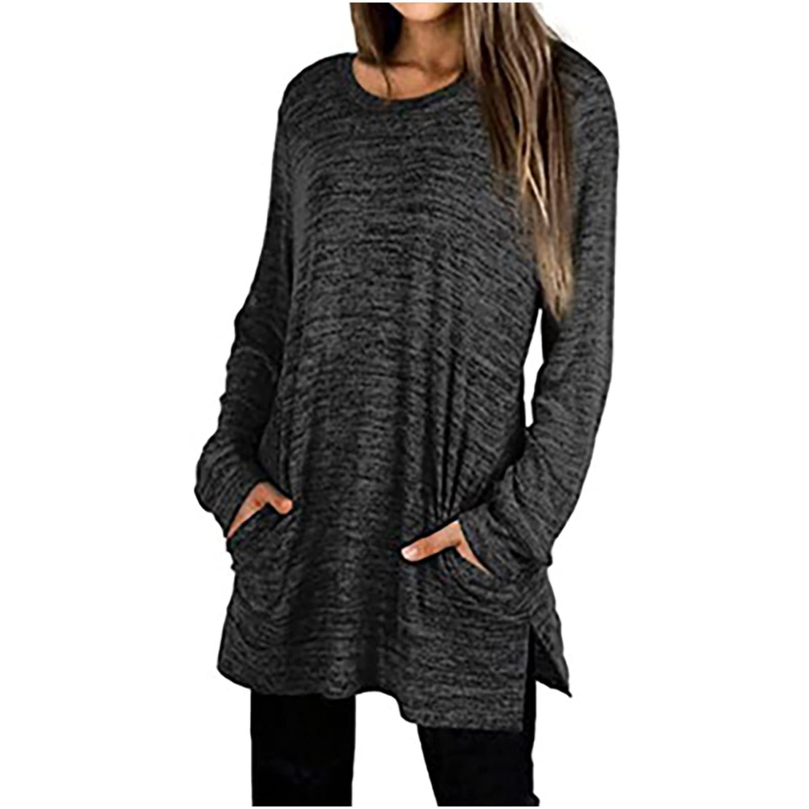 Women's Long Sleeve Tunic Tops with Pockets - Casual & Dressy Solid Color Pullover Sweatshirt | Lightweight Layering Top for Work, Travel & Everyday Wear
