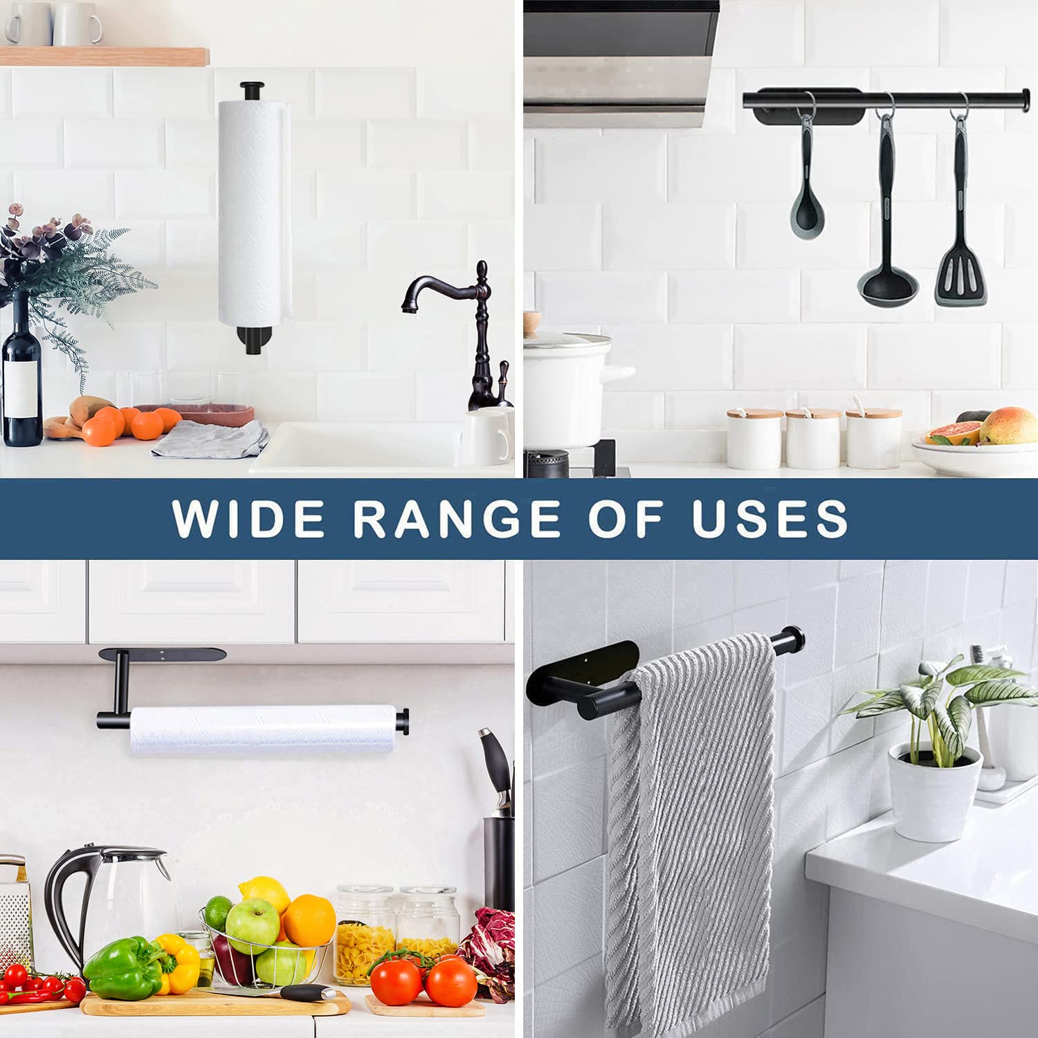 Gewtur Under Cabinet Kitchen Roll Paper Holder - Matte Black Stainless Steel Wall Mounted Towel Dispenser with Self Adhesive for RV, Pantry, Bathroom | Space-Saving Solution for Compact Kitchens, Campers & Small Spaces
