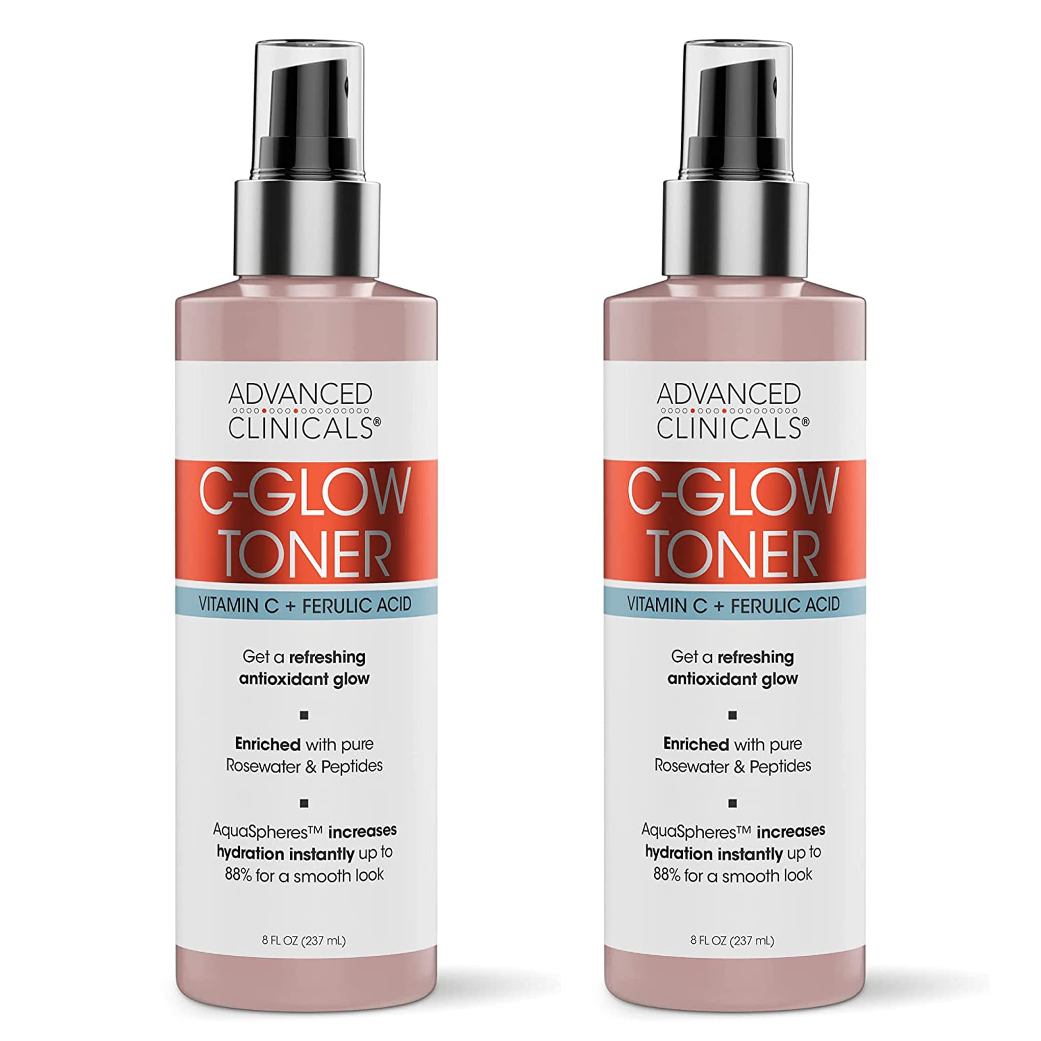 Advanced Clinicals Vitamin C Glow Facial Mist Toner with Rosewater, Ferulic Acid & Peptides | Antioxidant Moisturizing Face Spray for Instant Hydration & Brightening | 8 Fl Oz (2-Pack) | Perfect for Daily Skincare Routine, Travel & Post-Workout Refresh