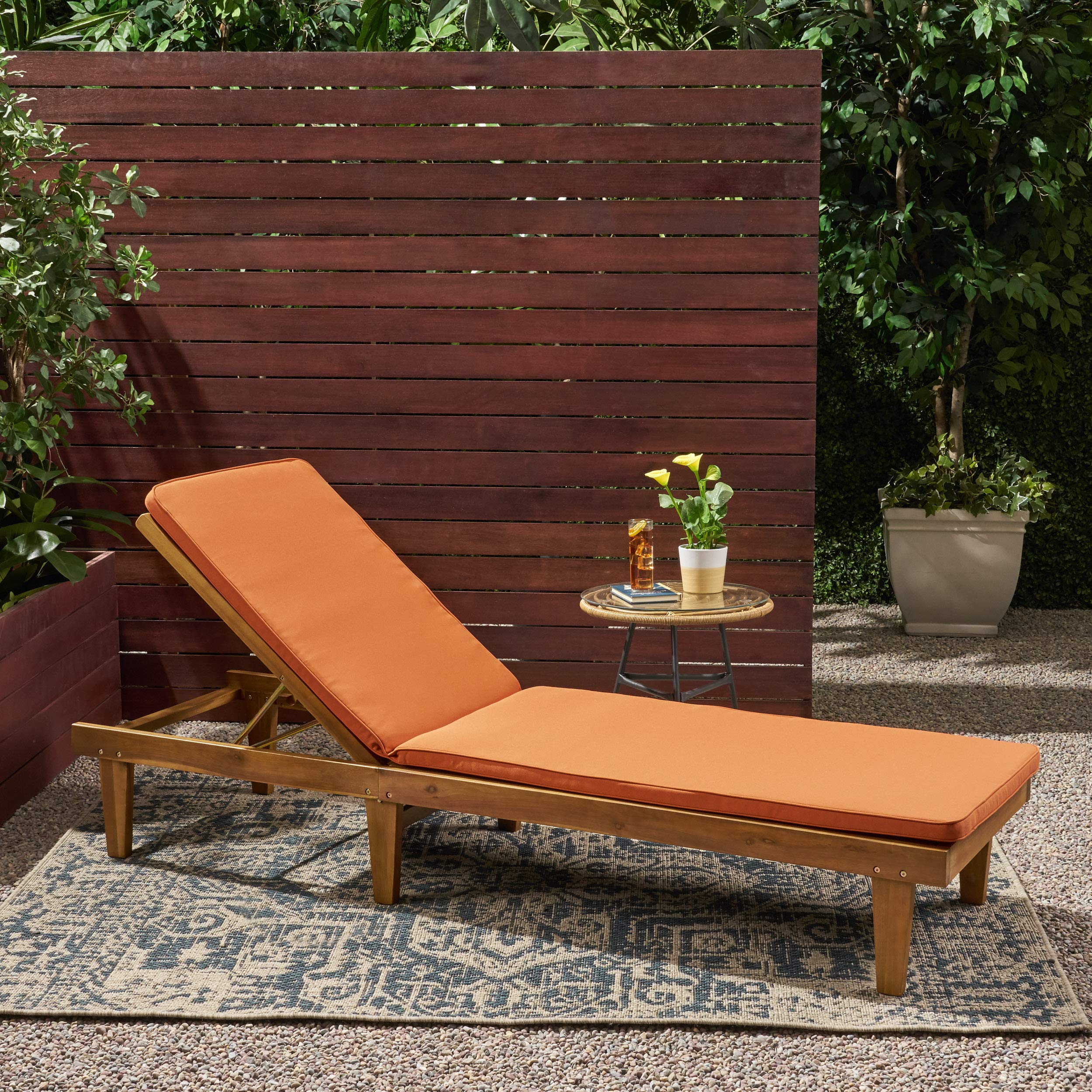 Premium Acacia Wood Outdoor Chaise Lounge with Rust Orange Cushion Set - Durable Patio Furniture for Poolside Relaxation & Garden Lounging
