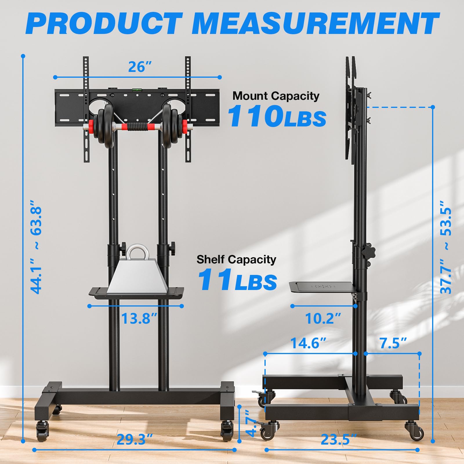 Rfiver Mobile TV Cart - Adjustable Rolling TV Stand for 32-83 Inch Screens (Up to 110lbs), Portable TV Stand with Wheels & Height Adjustable Shelf, Universal VESA 600x400mm - Perfect for Home, Office & Outdoor Use (Black)