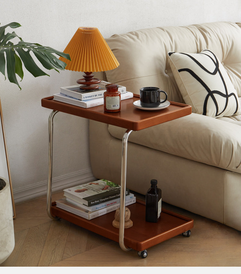 Modern Double Layer C-Shaped Mobile Side Table - Poplar Wood Nightstand for Bedroom, Living Room, Office - Portable End Table with Storage Shelf