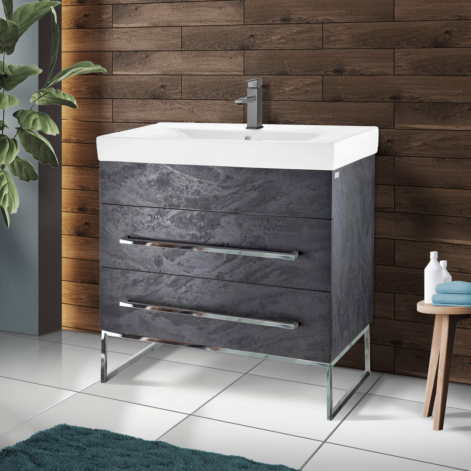 Modern Black Marble 36 Inch Bathroom Vanity Set with Chrome Hardware & Vitreous China Sink Top - Luxury Bathroom Fixture for Master Bath or Guest Bath Remodel