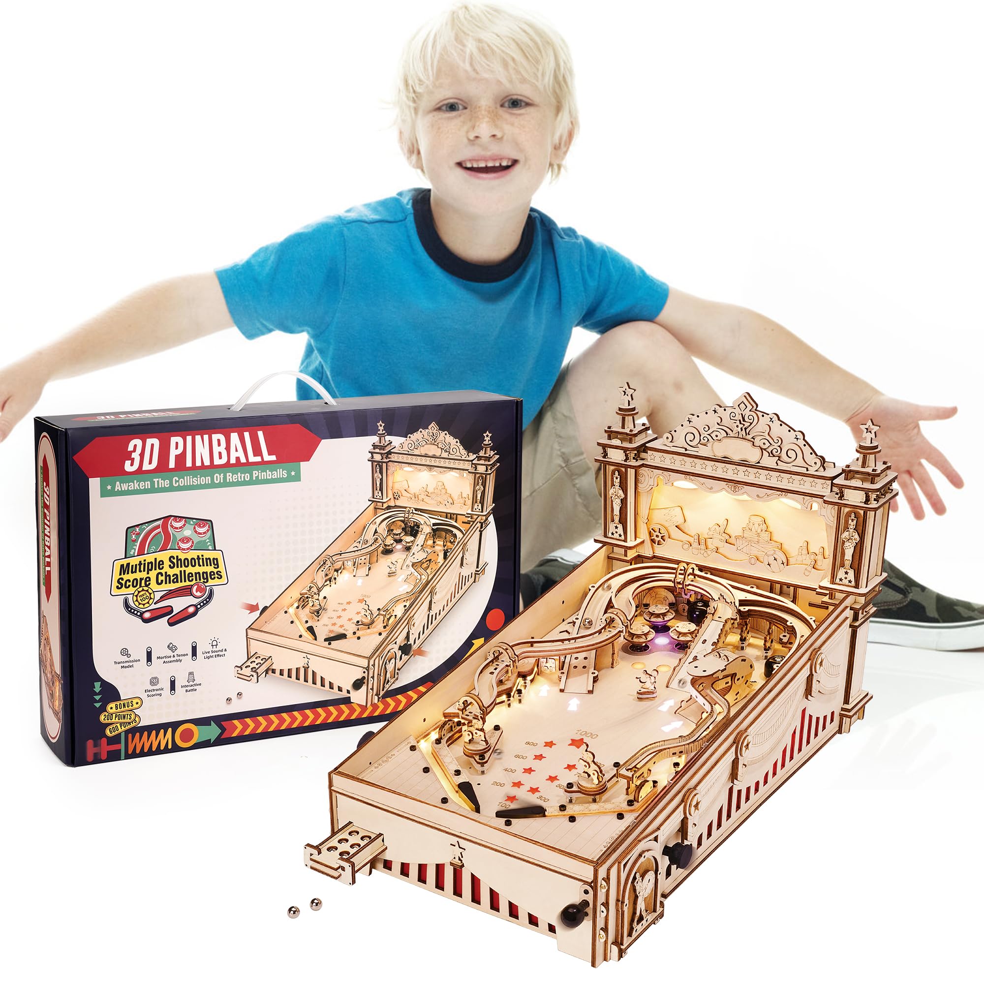 ROBOTIME EG01 Wooden Pinball Machine 3D Puzzle Kit for Adults - DIY Miniature Pinball Game for Home Decor, Gifts & Stress Relief