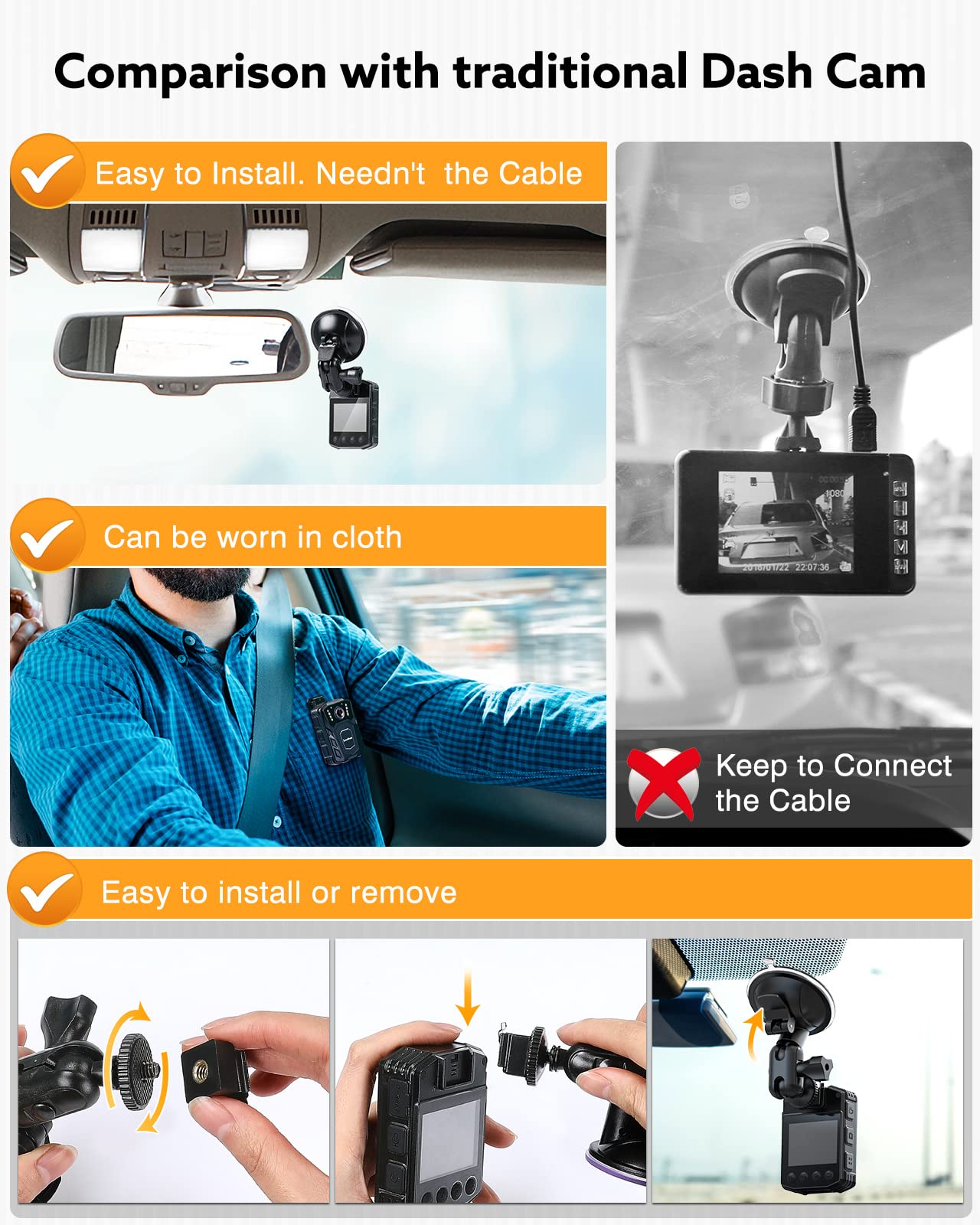 WD1 1080P HD Police Body Camera with Audio & Infrared Night Vision - 2-in-1 Wearable Dash Cam for Cars with Suction Cup Mount, 64GB Memory - Ideal for Law Enforcement, Security Patrols & Vehicle Recording