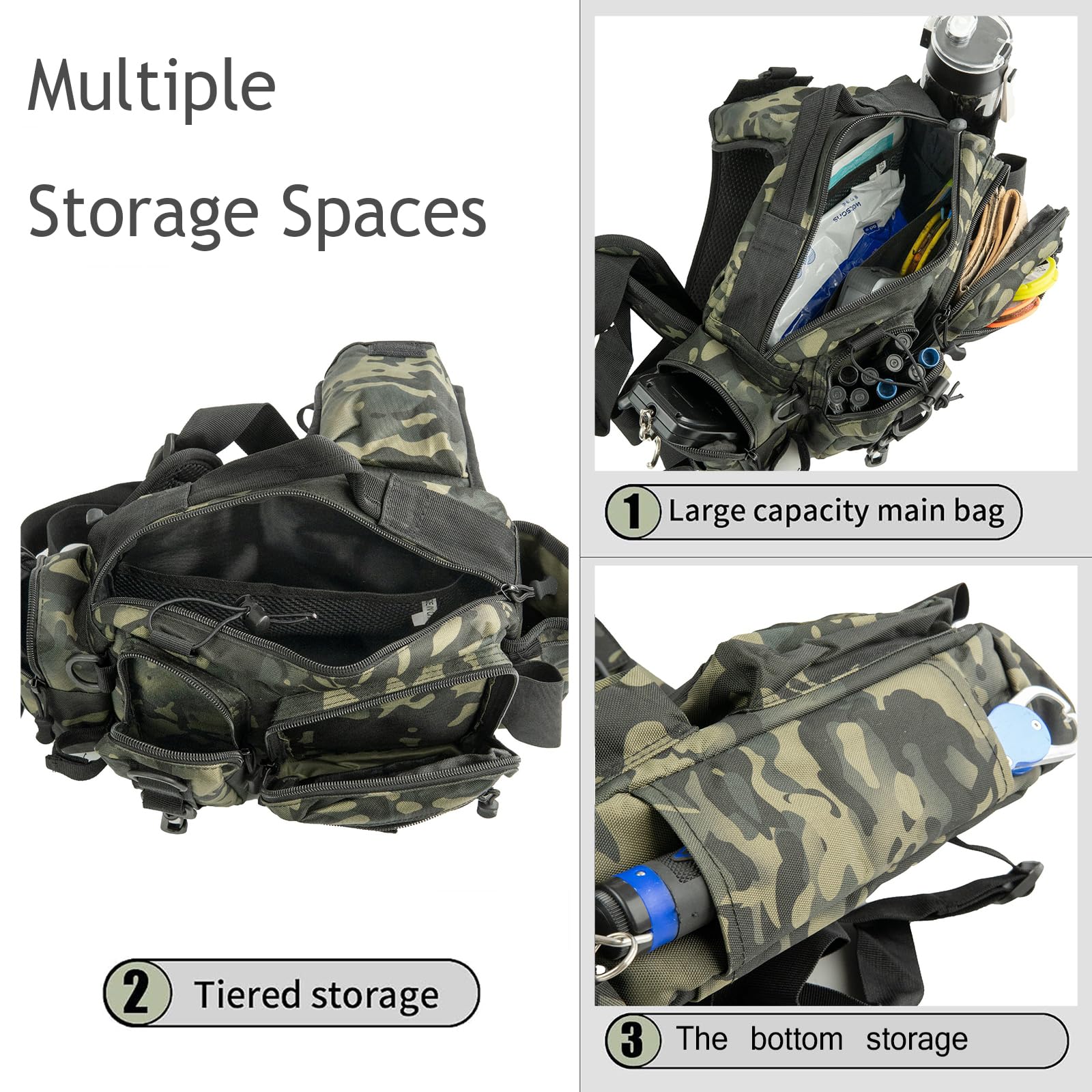 Waterproof Nylon Fishing Backpack with Rod Holder - Fly Fishing Gear Storage Bag for Men, Outdoor Fishing Tackle Organizer, Sling Shoulder Pack for Hiking & Camping (Black Camo)