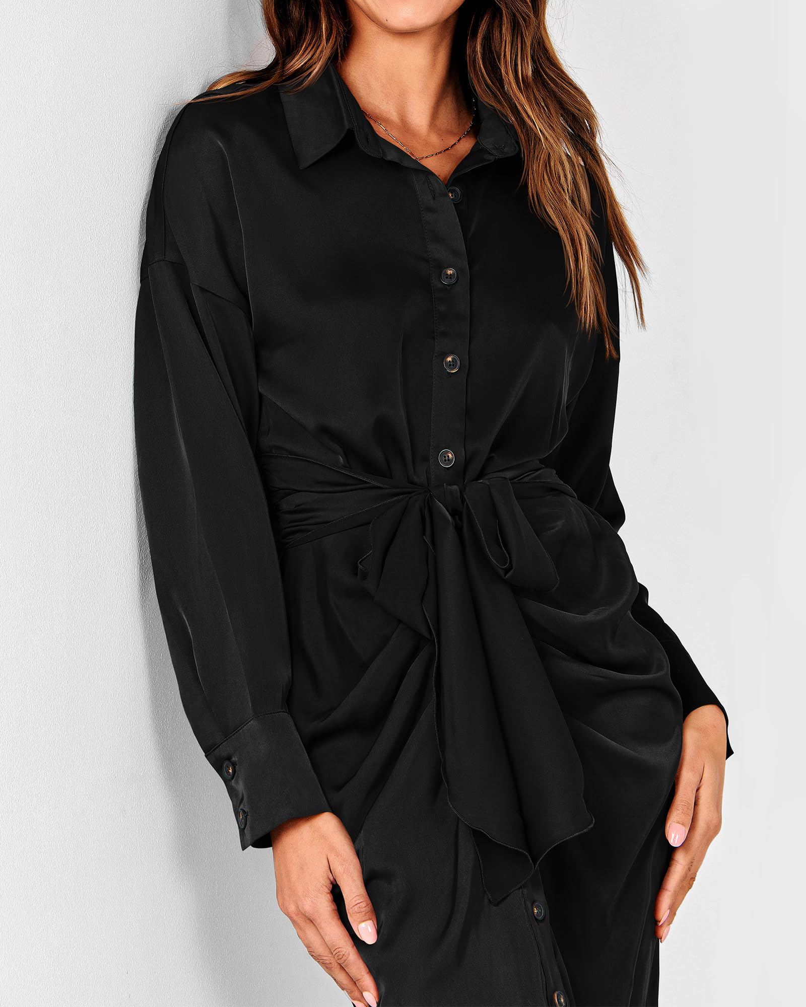 BTFBM Women's Elegant Long Sleeve Satin Maxi Dress - V Neck Lapel Button Down Ruched Belted Shirt Dress for Spring Summer 2025 | Perfect for Weddings, Parties & Office Wear