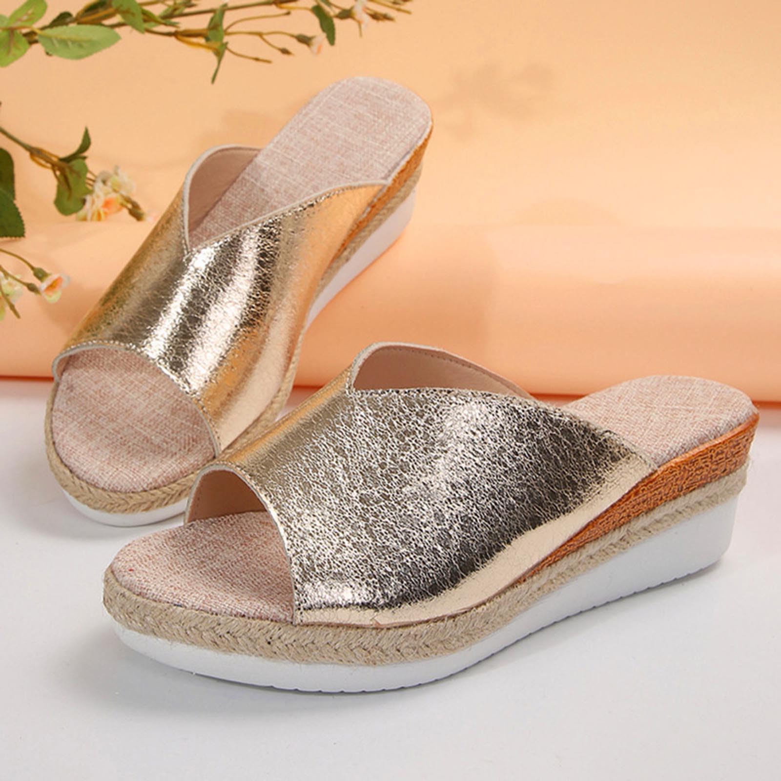 Oelaio Women's Summer Wedge Sandals - Roman Fish Mouth Dressy Sandals in Gold, Size 42 | Comfortable & Stylish for Beach, Party & Casual Outfits