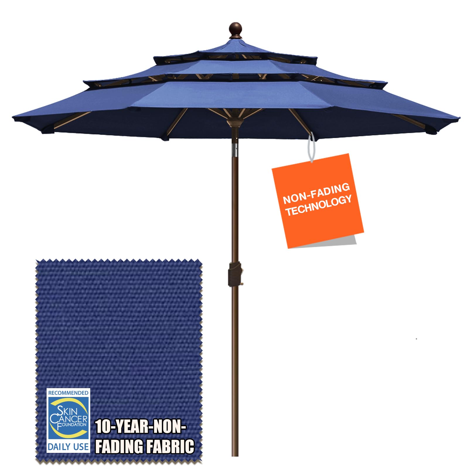 EliteShade USA 10-Year Fade-Resistant 9Ft 3-Tier Patio Umbrella with Ventilation - Navy Blue Outdoor Market Umbrella for Dining Table, Poolside, and Beach Use