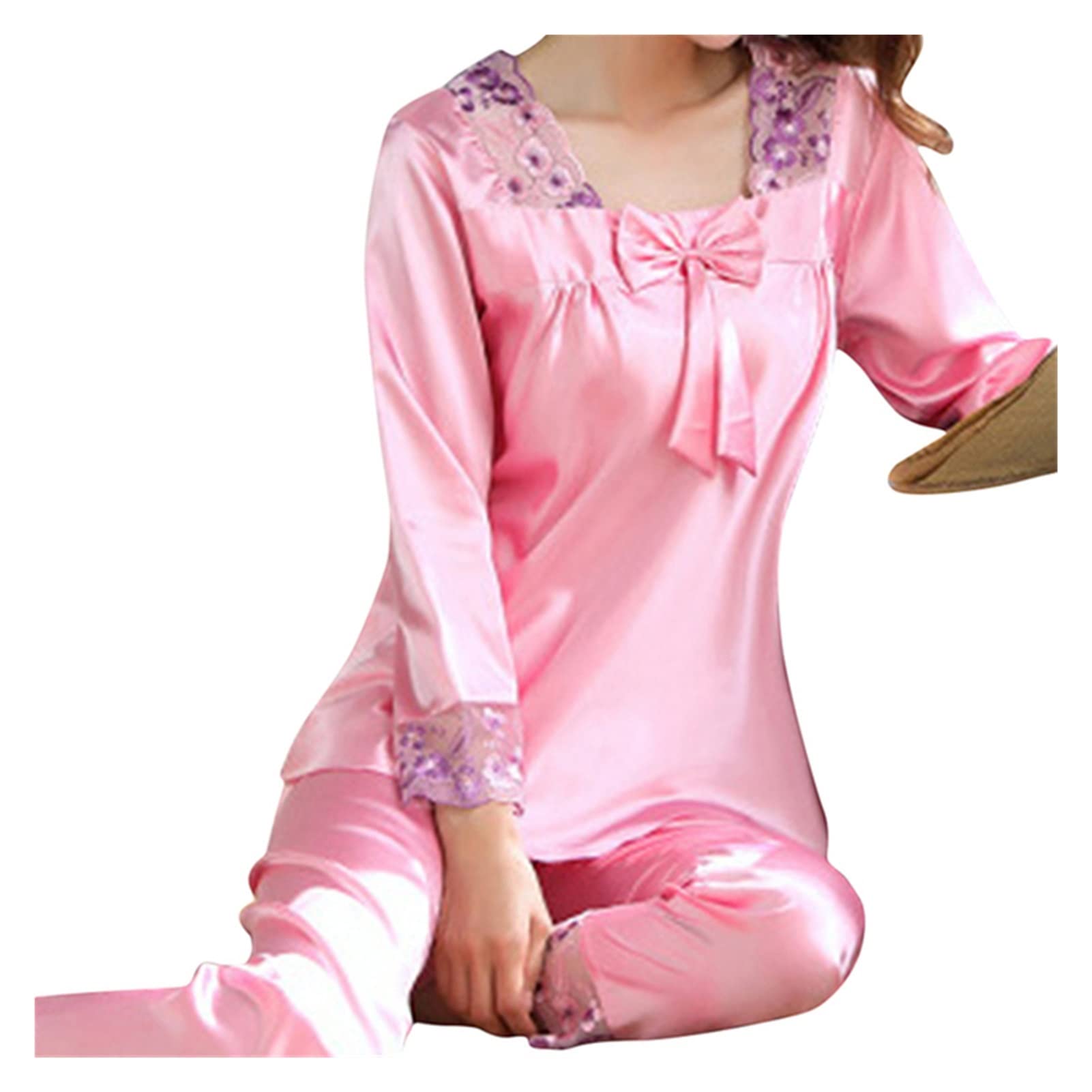 WSSBK Women's Autumn Sleepwear Set - 2 Piece Faux Silk Satin Pajamas with Long Sleeves, Comfortable Homewear for Women (Purple, 2XL) - Perfect for Relaxing at Home, Lounging & Gift Giving