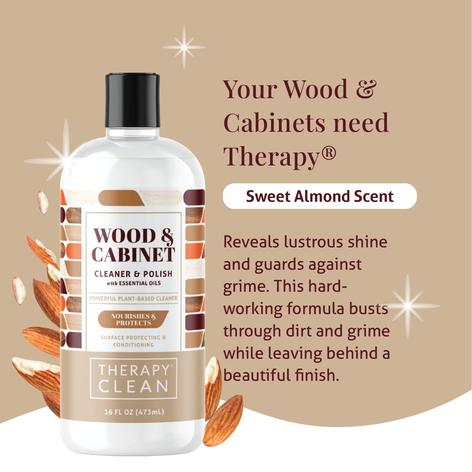 Natural Almond Scent Wood Cleaner & Polish 16oz (2 Pack) - Safe for Cabinets, Tables & Furniture - Restores Shine & Conditions Wood - Perfect for Home, Office & Antique Care