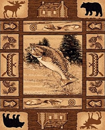 Country Themed Area Rug - Fish, Bear & Elk Cabin Design in Brown/Tan - 7'7