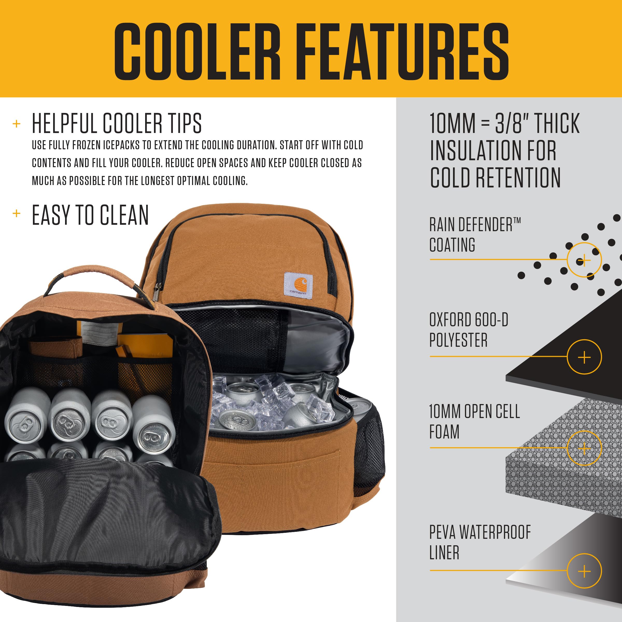 Carhartt Insulated 24 Can Two Compartment Cooler Backpack - Water-Resistant, Durable for Camping, Beach & Travel - Perfect for Picnics, Tailgating & Outdoor Adventures