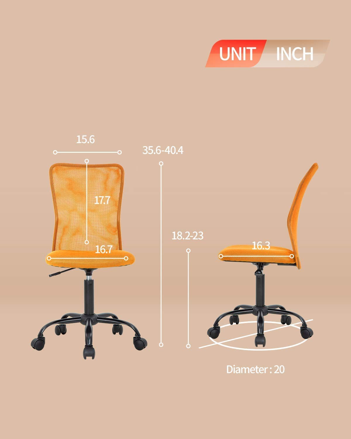 Ergonomic Office Chair with Lumbar Support - Adjustable Height Mesh Computer Desk Chair, Mid Back Swivel Task Chair Armless Modern Executive Chair for Women & Men (Orange) - Perfect for Home Office, Gaming & Workspaces