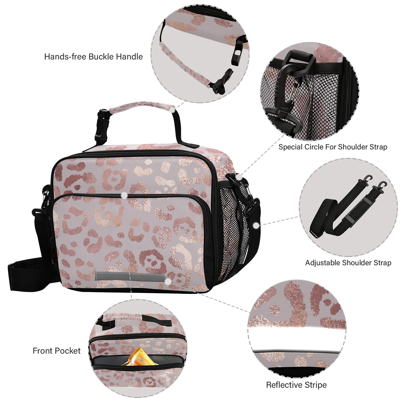 Stylish Rose Gold Leopard Print Insulated Lunch Box for Women & Girls - Reusable Thermal Lunch Tote Bag for Work, School, Picnic & Outdoor Activities | Cute Leopard Pattern Cooler Bag with Shoulder Strap