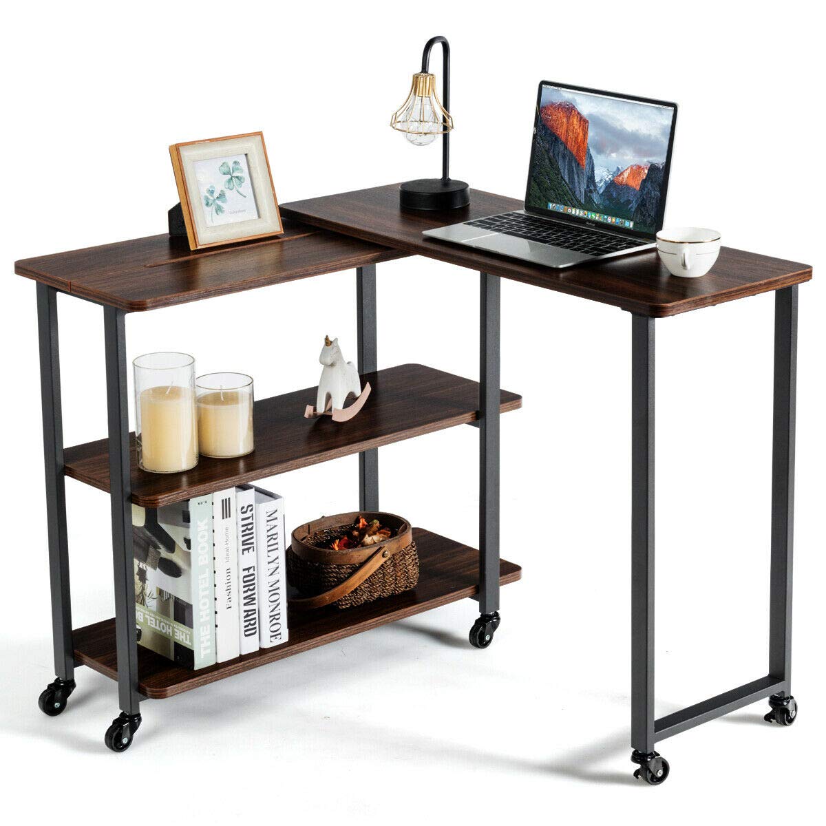 360 Degree Rotating L-Shaped End Table with Wheels & Brake - Sturdy Metal Frame, Open Storage Shelves, Water Resistant & Easy to Clean - Perfect for Living Room, Bedroom, Office (Walnut Finish)