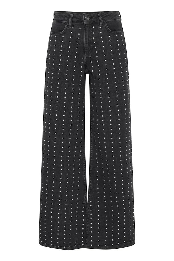 Braidy Rhinestone Wide Leg Jeans for Women - Distressed Washed Black High Waist Flare Pants - Perfect for Casual Wear, Night Out and Party Outfits