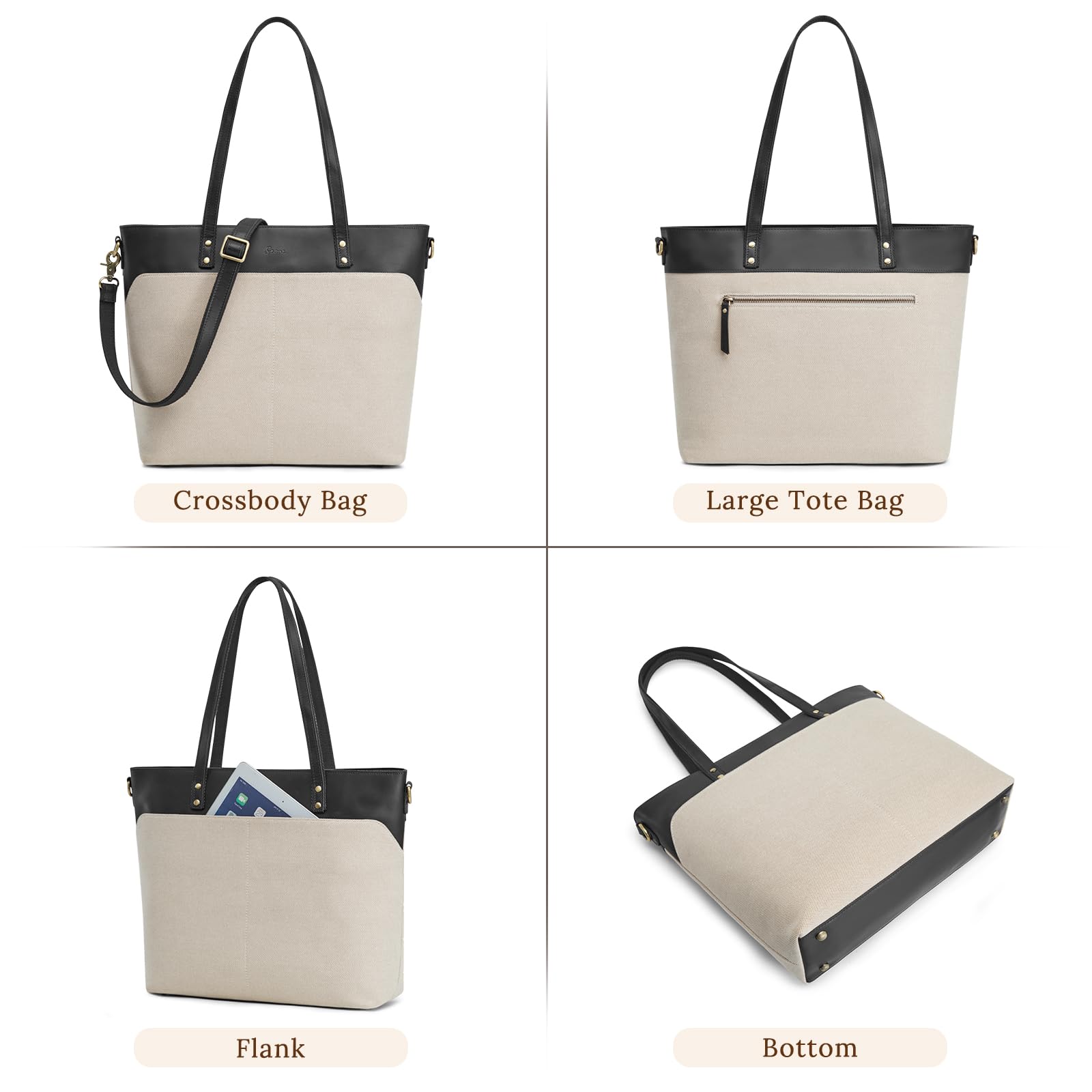 S-ZONE Women's Large Leather Canvas Tote Bag - Crossbody Shoulder Purse with Outside Pockets for Work, Travel & Daily Use