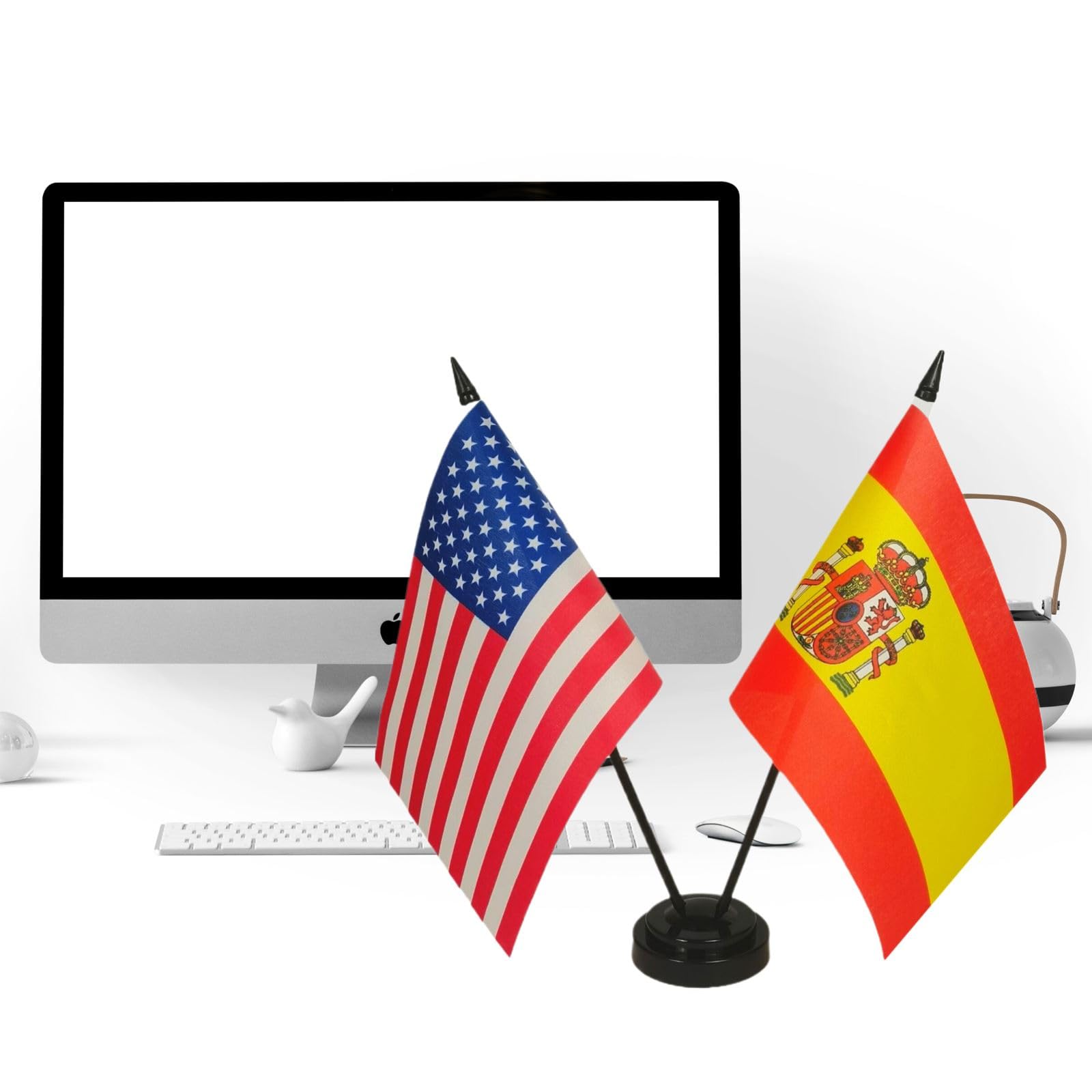 Miniature US & Spain Friendship Table Flags Set - Small Spanish & American Desk Flags for Office, Room Decor, International Gifts & Diplomatic Events