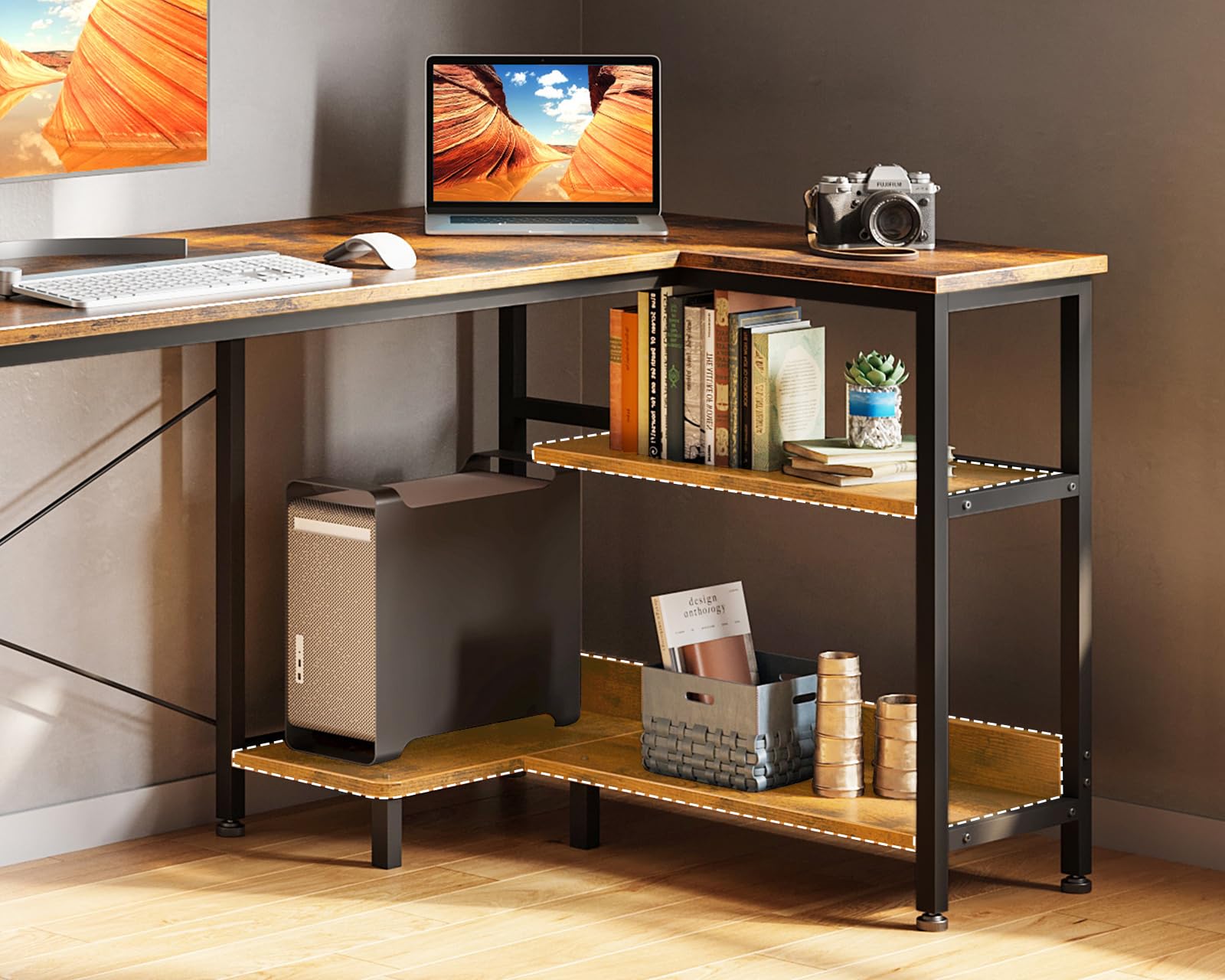 ODK 40 Inch Small L-Shaped Corner Desk with Reversible Storage Shelves & Monitor Stand - Space-Saving Home Office Desk for Small Spaces, Rustic Brown - Perfect for Gaming, Studying & Remote Work