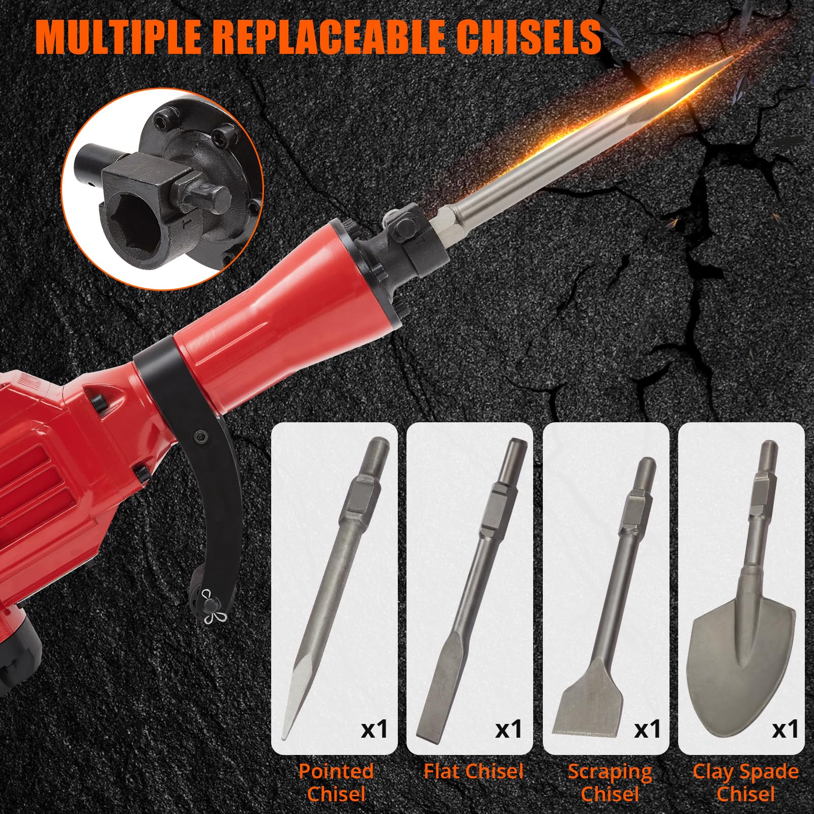 3600W Heavy Duty Electric Demolition Jack Hammer - Concrete Breaker with 4-Piece Chisel Bit Set, Carrying Case, Noise Canceling Earplugs & Shoulder Strap - Ideal for Construction, Demolition & DIY Home Renovation Projects