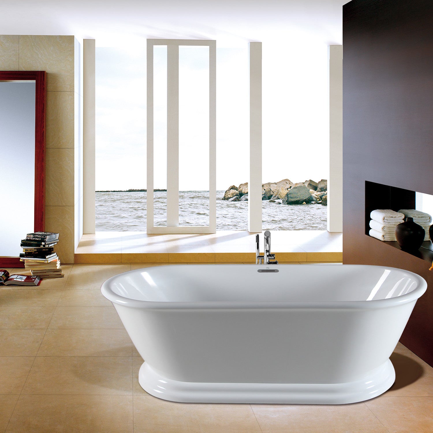 Aqua Eden VTDE602824 60 Inch Glossy White Acrylic Oval Double-Ended Pedestal Bathtub with Drain (No Faucet Holes) - Perfect for Modern Bathroom & Spa Relaxation at Home