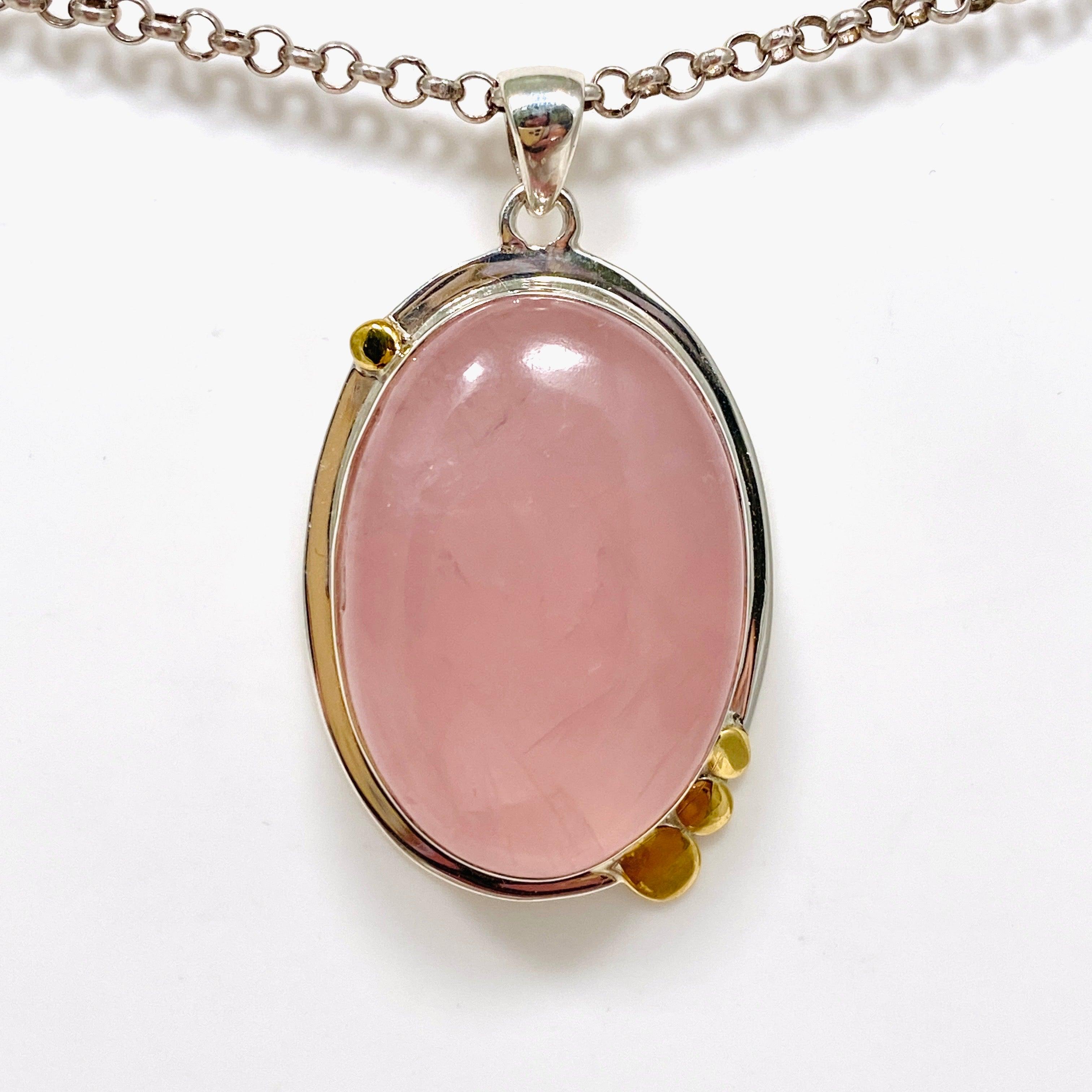 Rose Quartz Oval Pendant Necklace with Brass Accents - KPGJ4312 | Healing Crystal Jewelry for Women, Spiritual Gift & Everyday Elegance