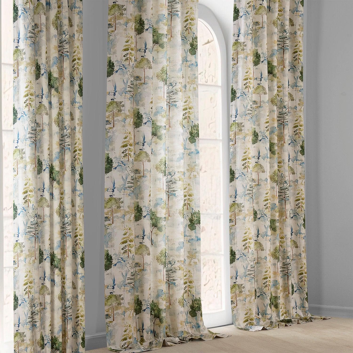 Grove Teal Blue Floral Textured Printed Cotton Curtains for Living Room & Bedroom - Light Filtering Window Drapes with Elegant Botanical Design