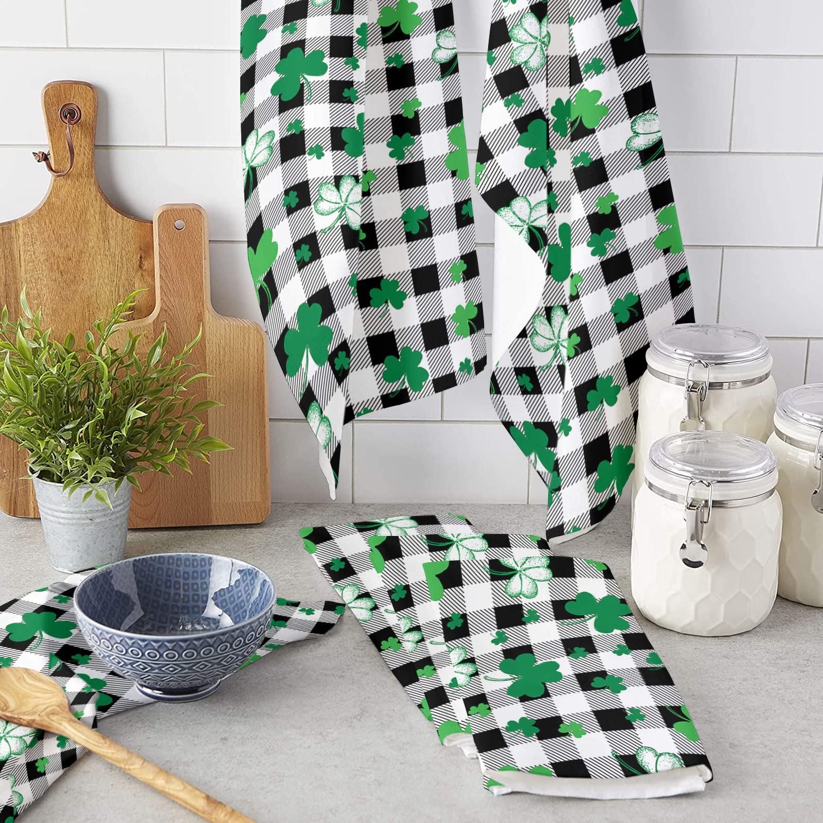 Premium Microfiber Kitchen Towels Set of 2 - Super Absorbent Reusable Dish Towels for Cleaning, Drying & Polishing (18x28 Inch) - Shamrock Black White Buffalo Plaid Design for St. Patrick's Day - Ideal for Kitchen, Bar, Tea Service & Household Chores